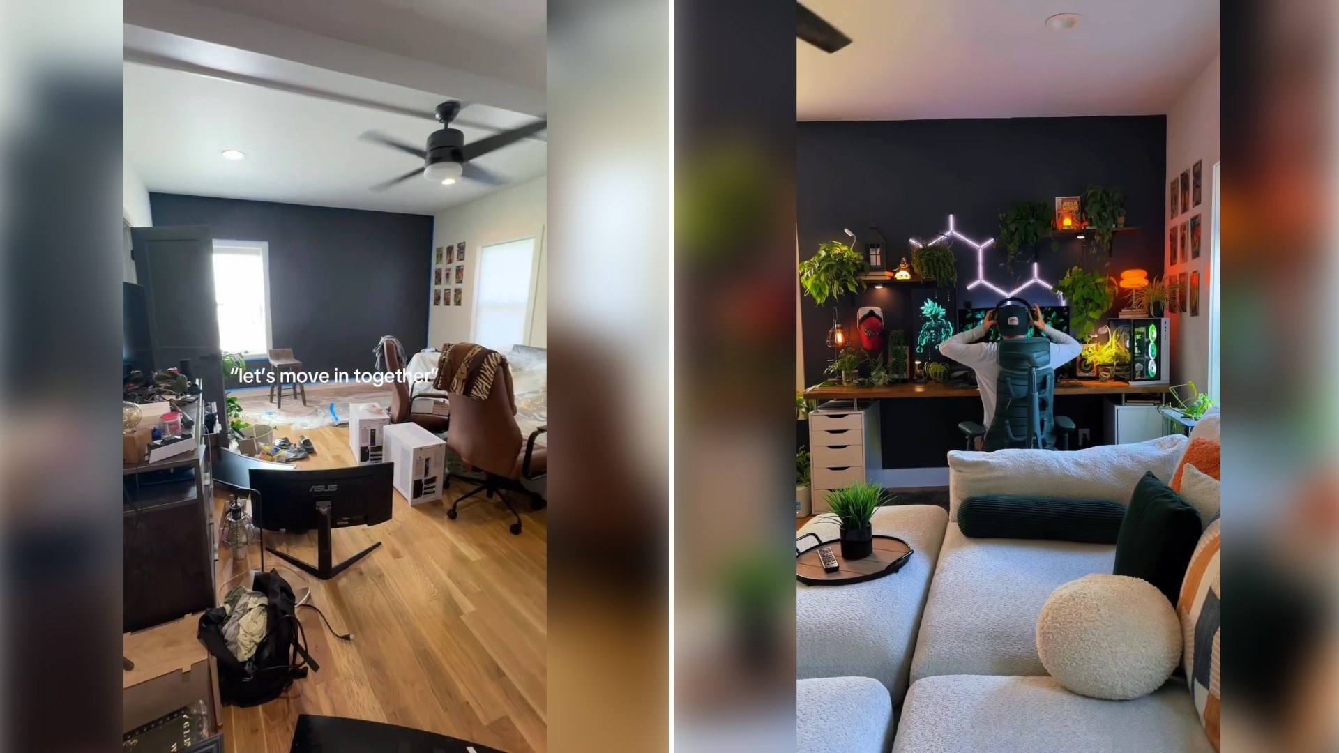 Two moments from an Instagram reel: a cluttered room mid-renovation, then the finished home office with a sectional and desk setup.