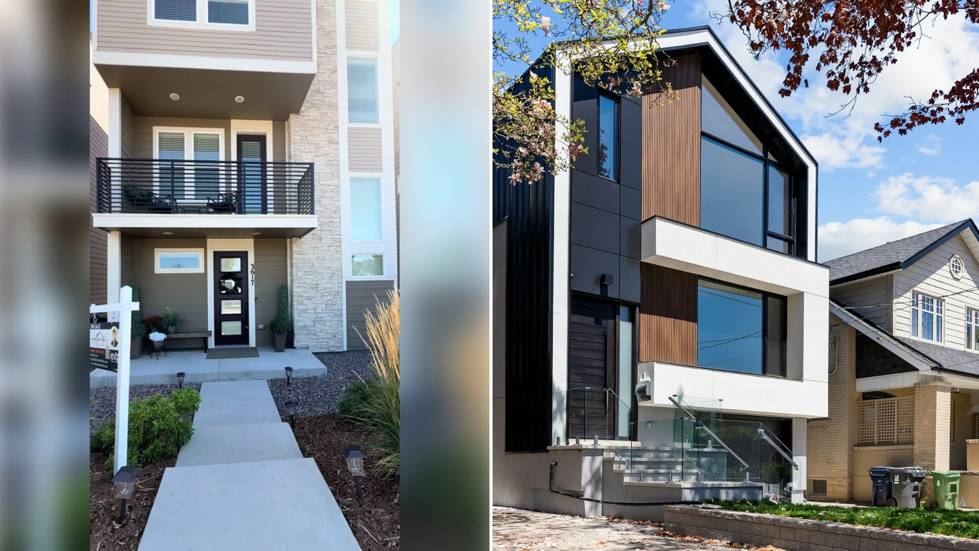 Left: TikTok still of a modern townhouse exterior with a for-sale sign out front. Right: a modern black and white house (Unsplash photo by André François McKenzie).