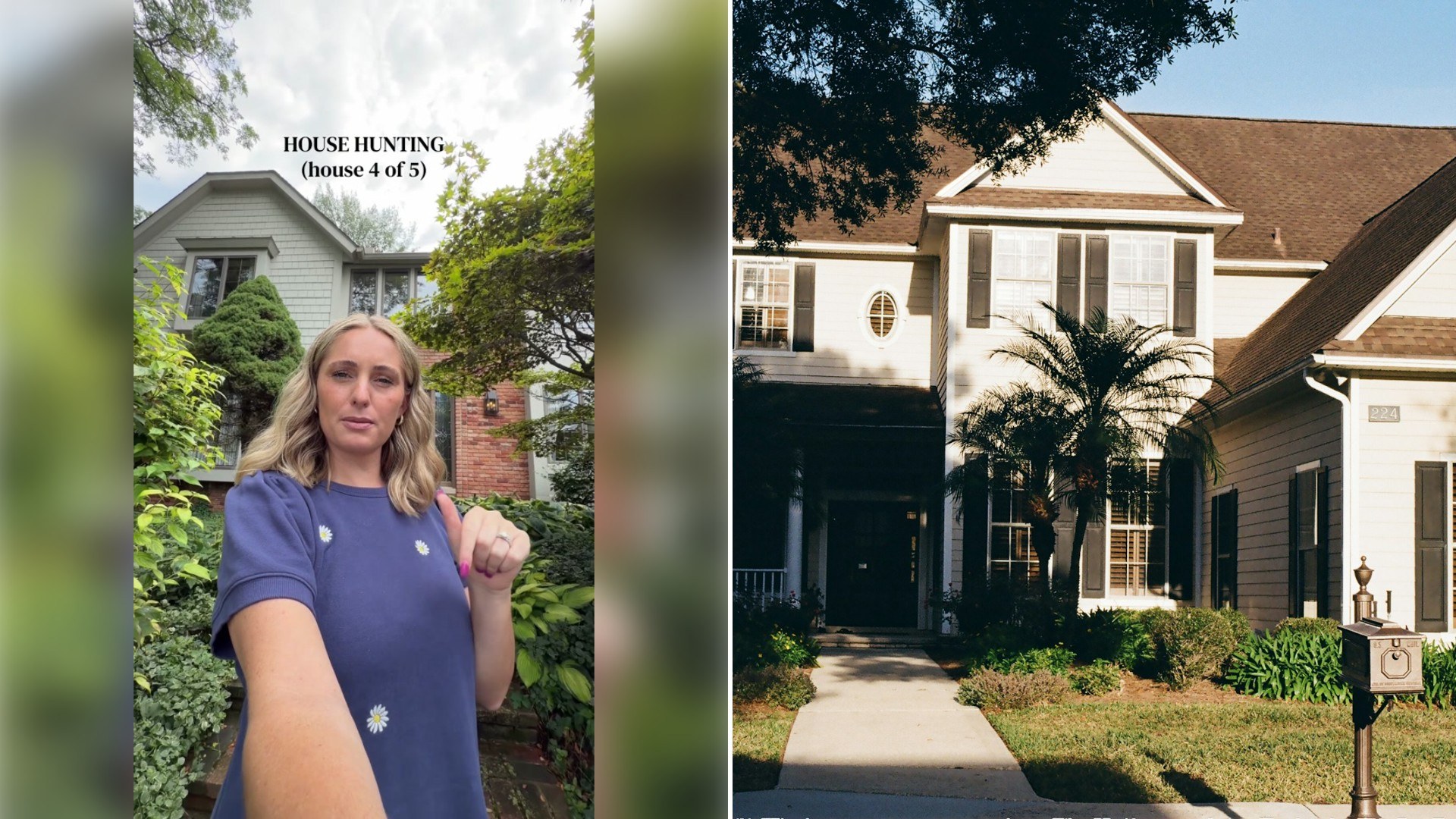 Left: TikTok still of a woman pointing to a house-hunting caption on a residential street. Right: a two-story house with a covered porch (Unsplash photo by Christian McMenamy).