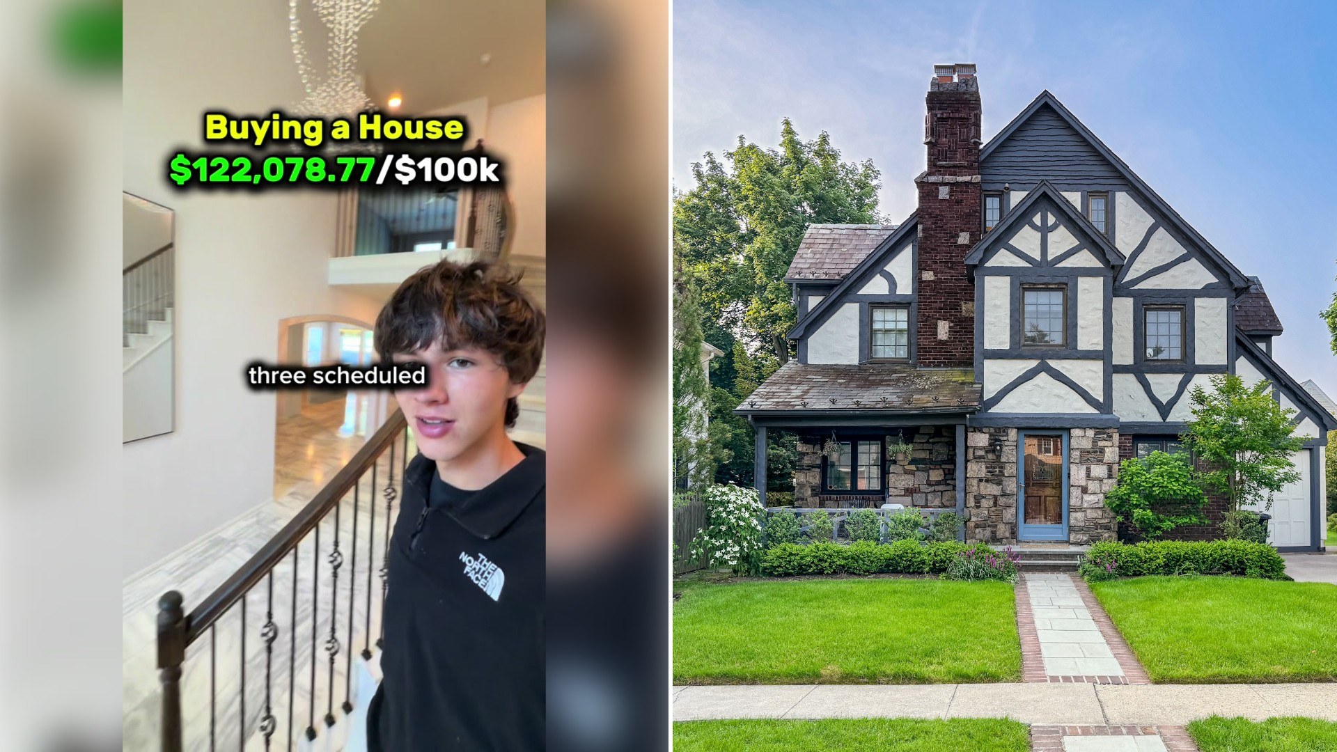 Left: TikTok still of a young man on a staircase under a "Buying a House" price caption. Right: a Tudor-style house with a green lawn (Unsplash photo by Avi Werde).