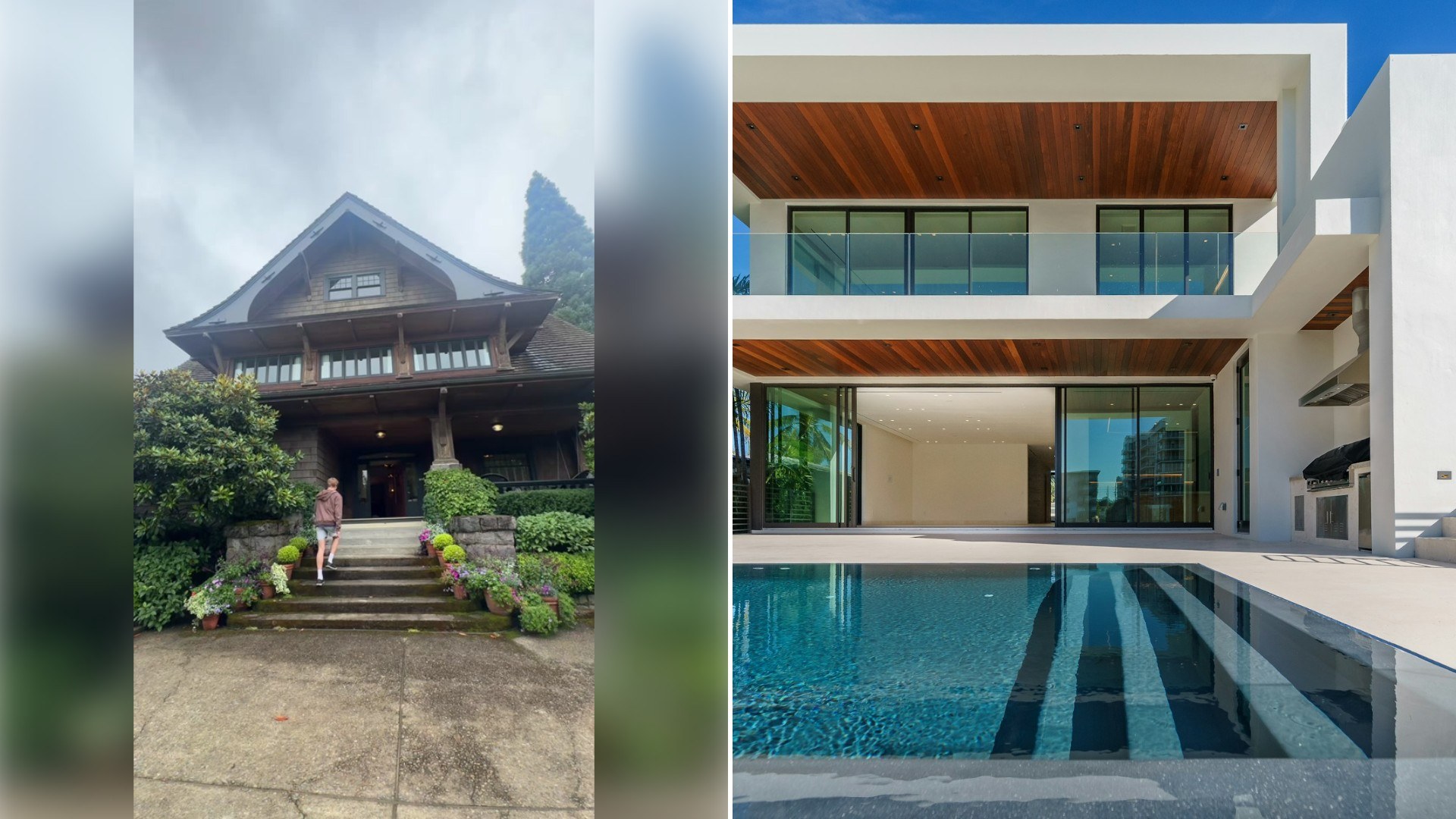 Left: TikTok still of a craftsman-style house at the top of a stone staircase. Right: a contemporary house with a swimming pool (Unsplash photo by Avi Werde).