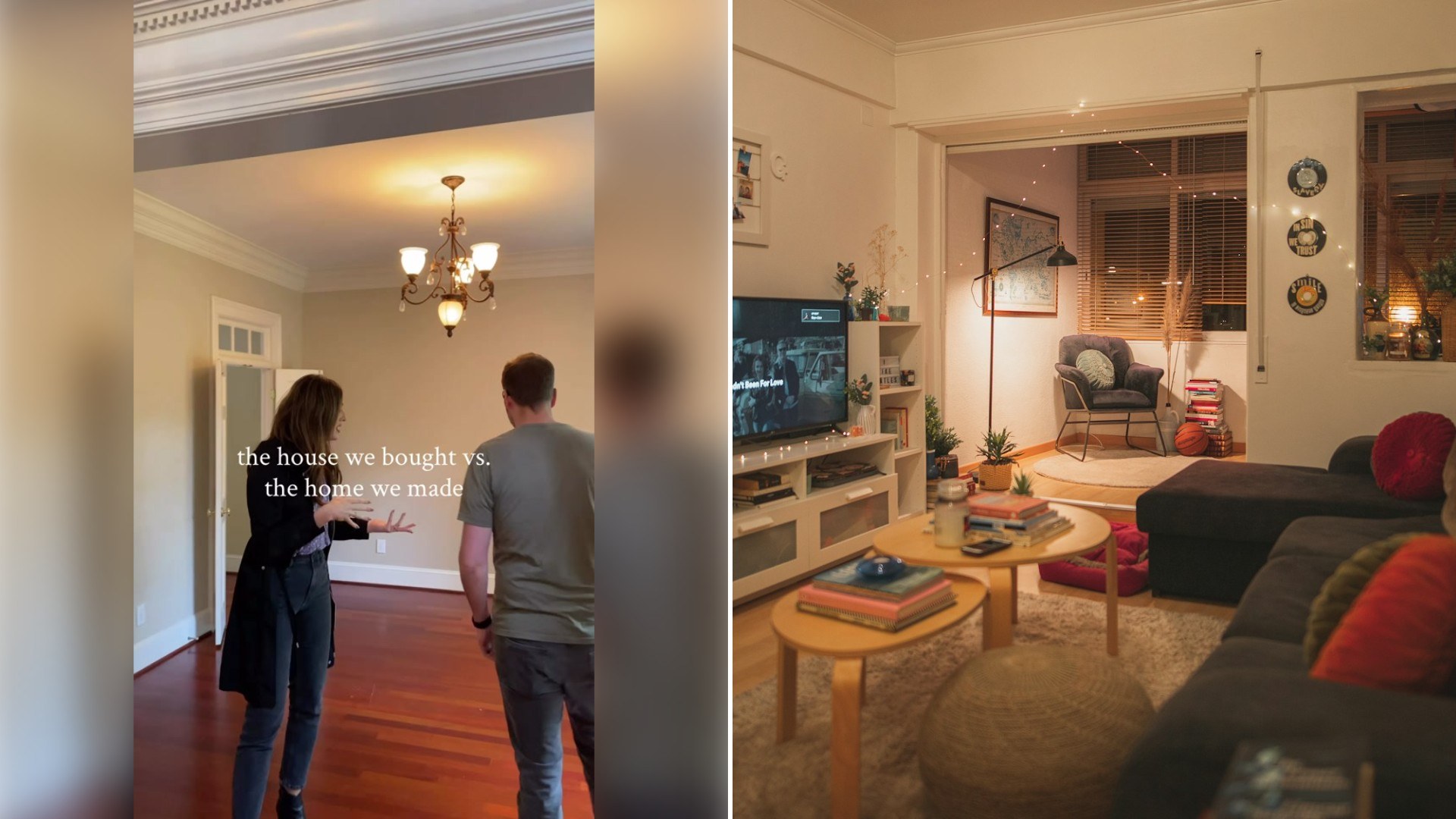 Left: TikTok still of a couple walking through an empty room with a chandelier. Right: a living room with a sofa and television (Unsplash photo by Joao Macedo).