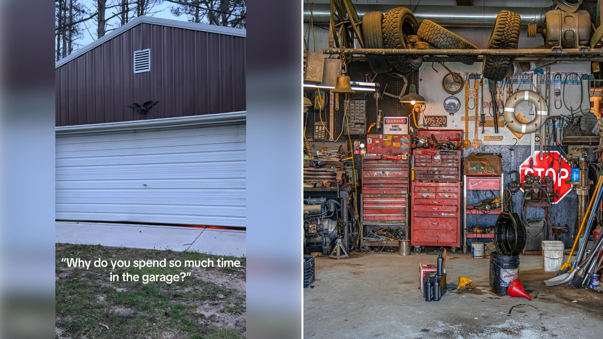 Left: TikTok still of a garage door with the caption "Why do you spend so much time in the garage?". Right: a cluttered workshop with tools and a red toolbox (Unsplash photo by todd kent).