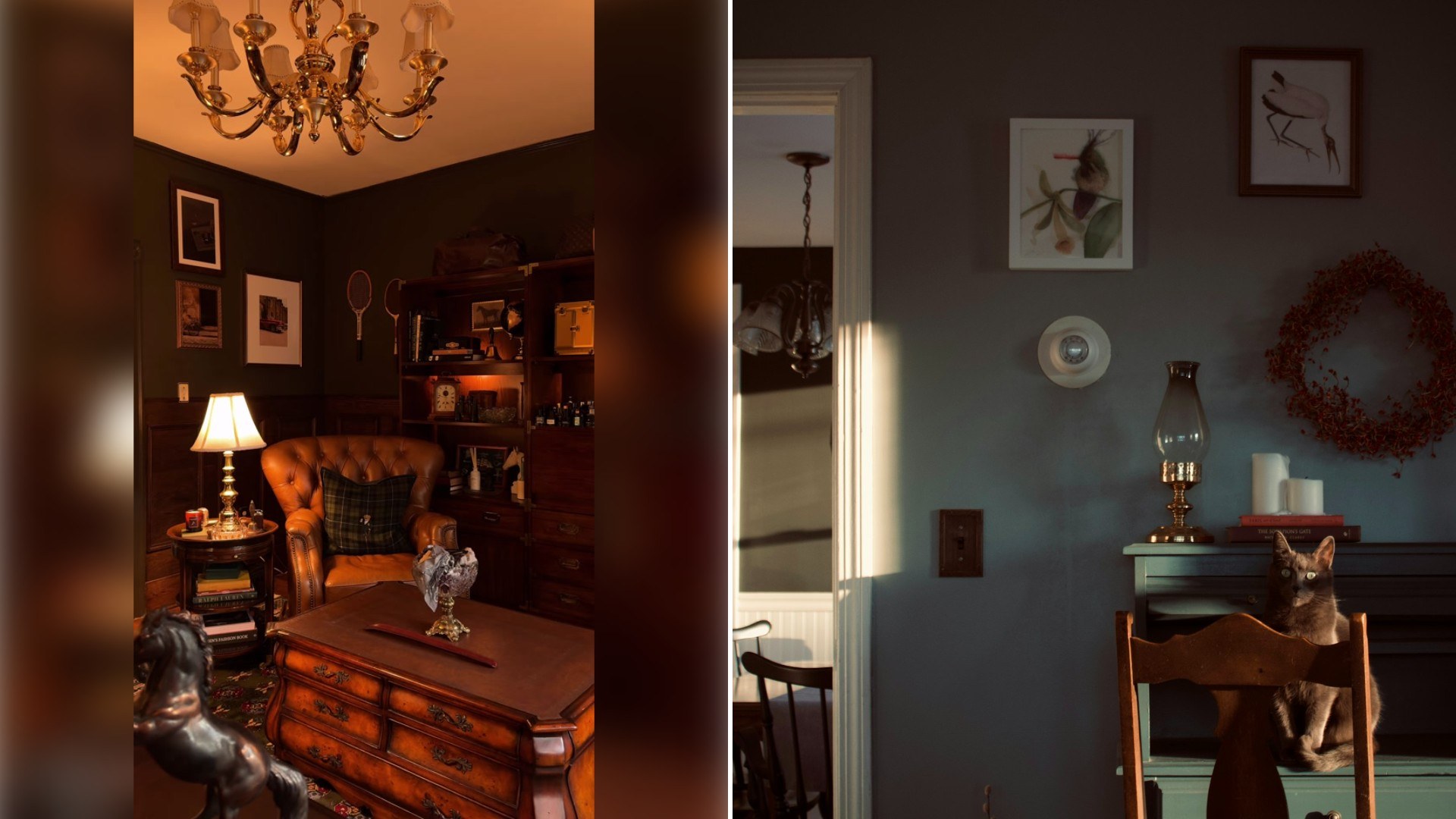 Left: TikTok still of a dark wood-paneled room with a chandelier and a leather chair. Right: a room with a desk and framed pictures on the wall (Unsplash photo by Erica Marsland Huynh).