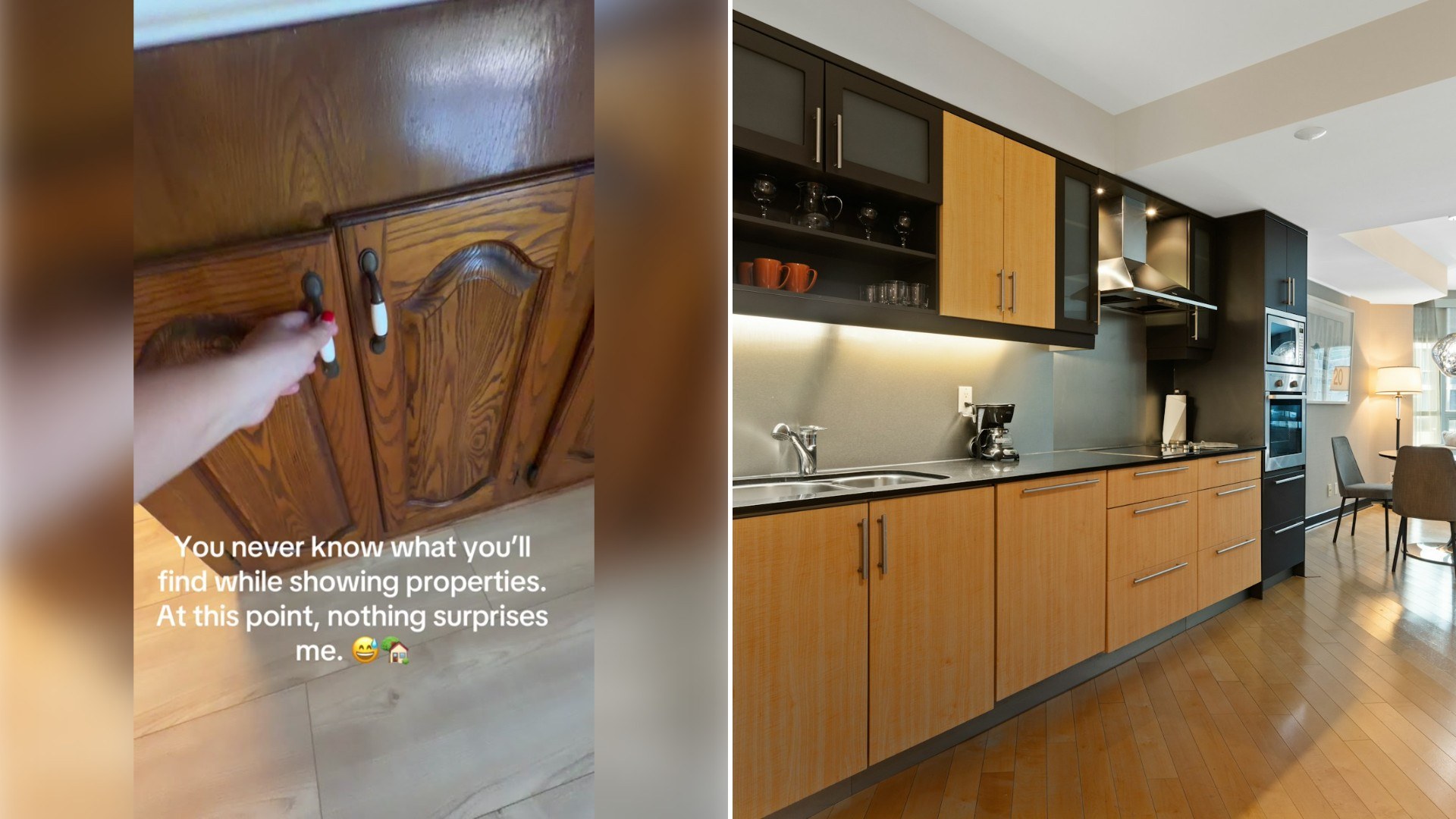 Left: TikTok still of a hand opening wooden kitchen cabinets under a caption about showing properties. Right: a kitchen with wooden cabinets and black appliances (Unsplash photo by Point3D Commercial Imaging Ltd.).