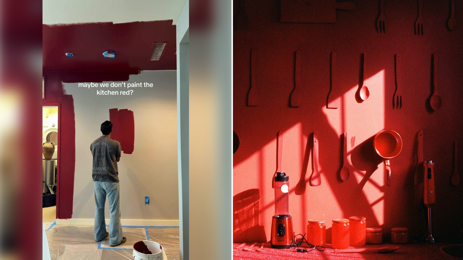 Left: TikTok still of a man painting a kitchen wall red. Right: a red kitchen wall with hanging utensils (Unsplash photo by ONUR KURT).