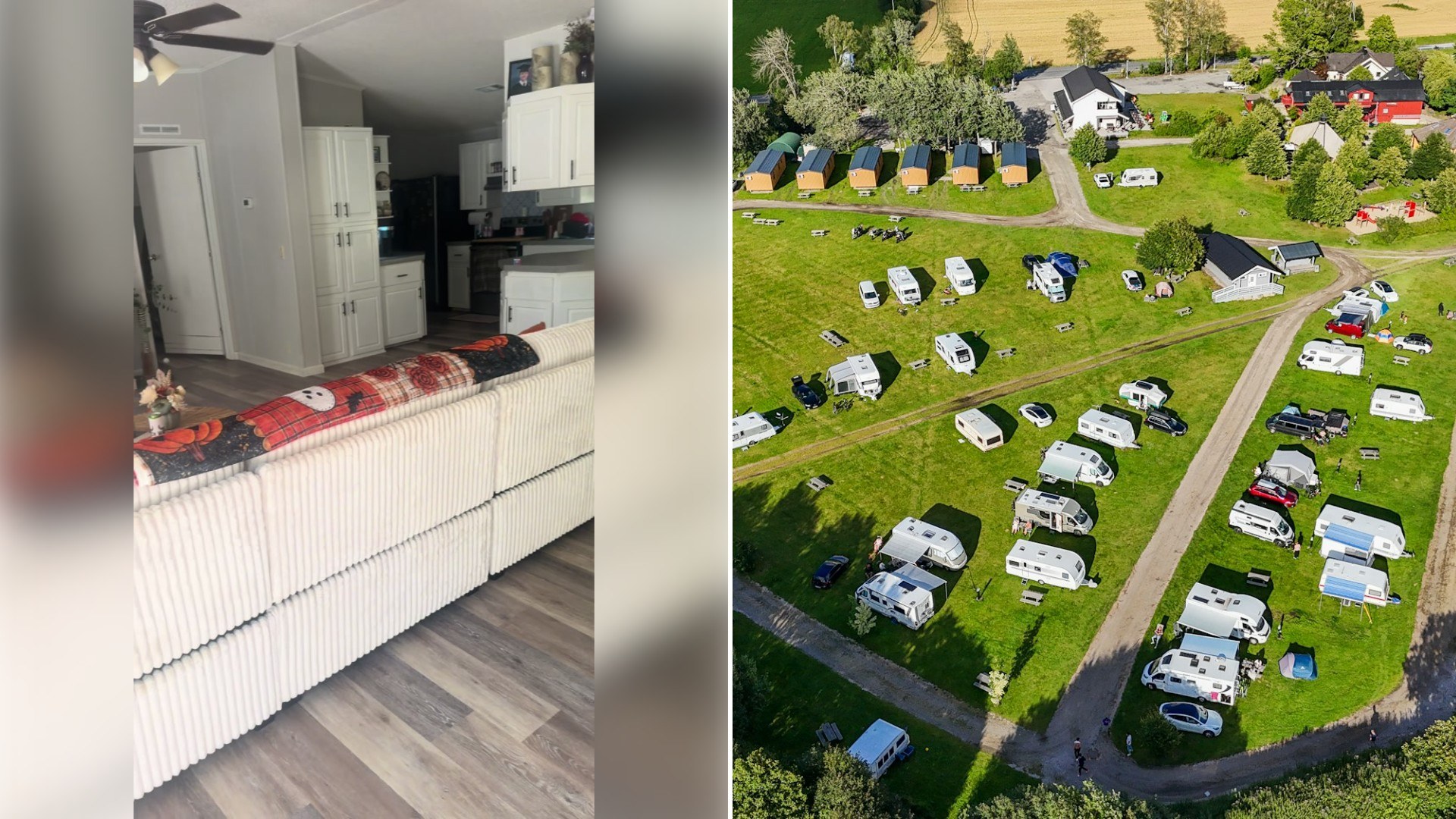 Left: TikTok still of a white kitchen counter with bowls on it. Right: an aerial view of trailers in a park (Unsplash photo by Bart van der Lugt).