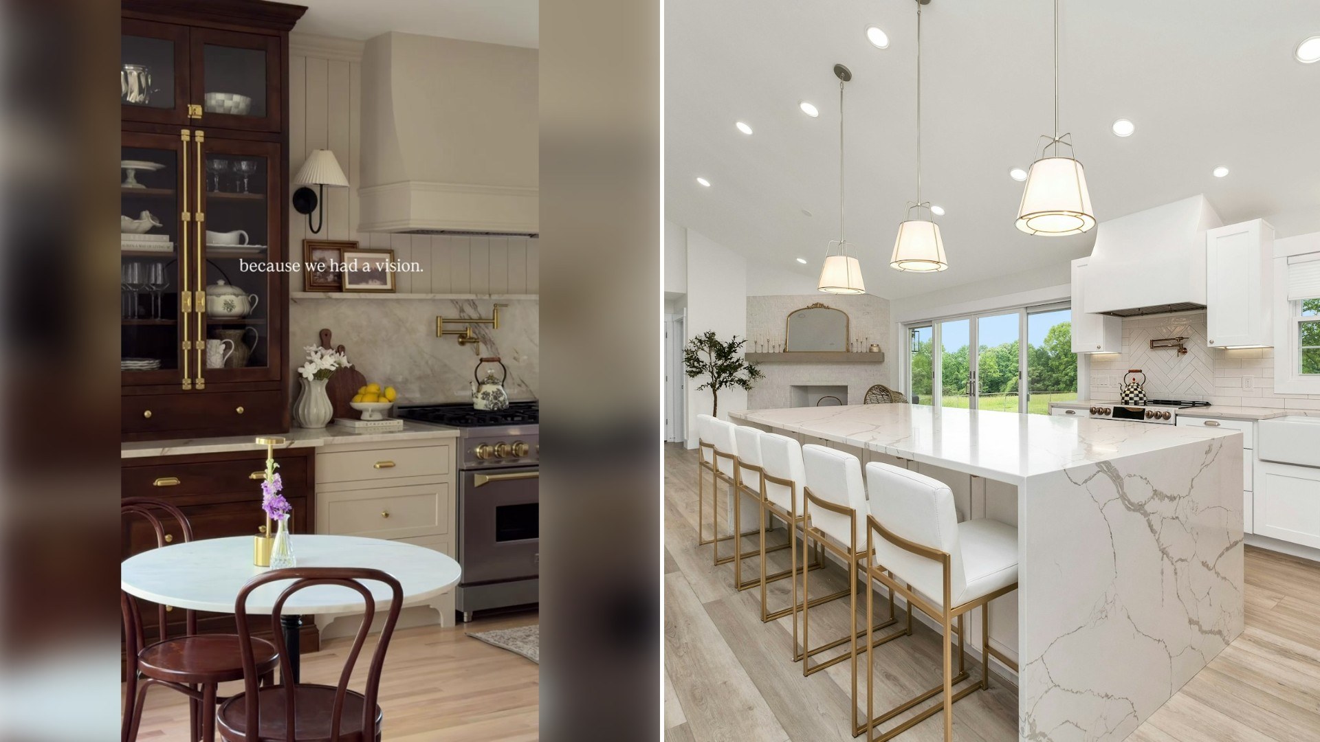 Left: TikTok still of a kitchen with glass-front cabinets and a bistro table. Right: a white kitchen with a marble island (Unsplash photo by Zac Gudakov).
