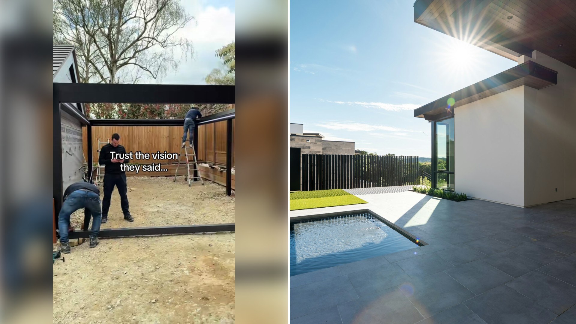 Left: TikTok still of men building a black pergola in a backyard. Right: a modern house with a pool and patio (Unsplash photo by Salvo Media LLC).