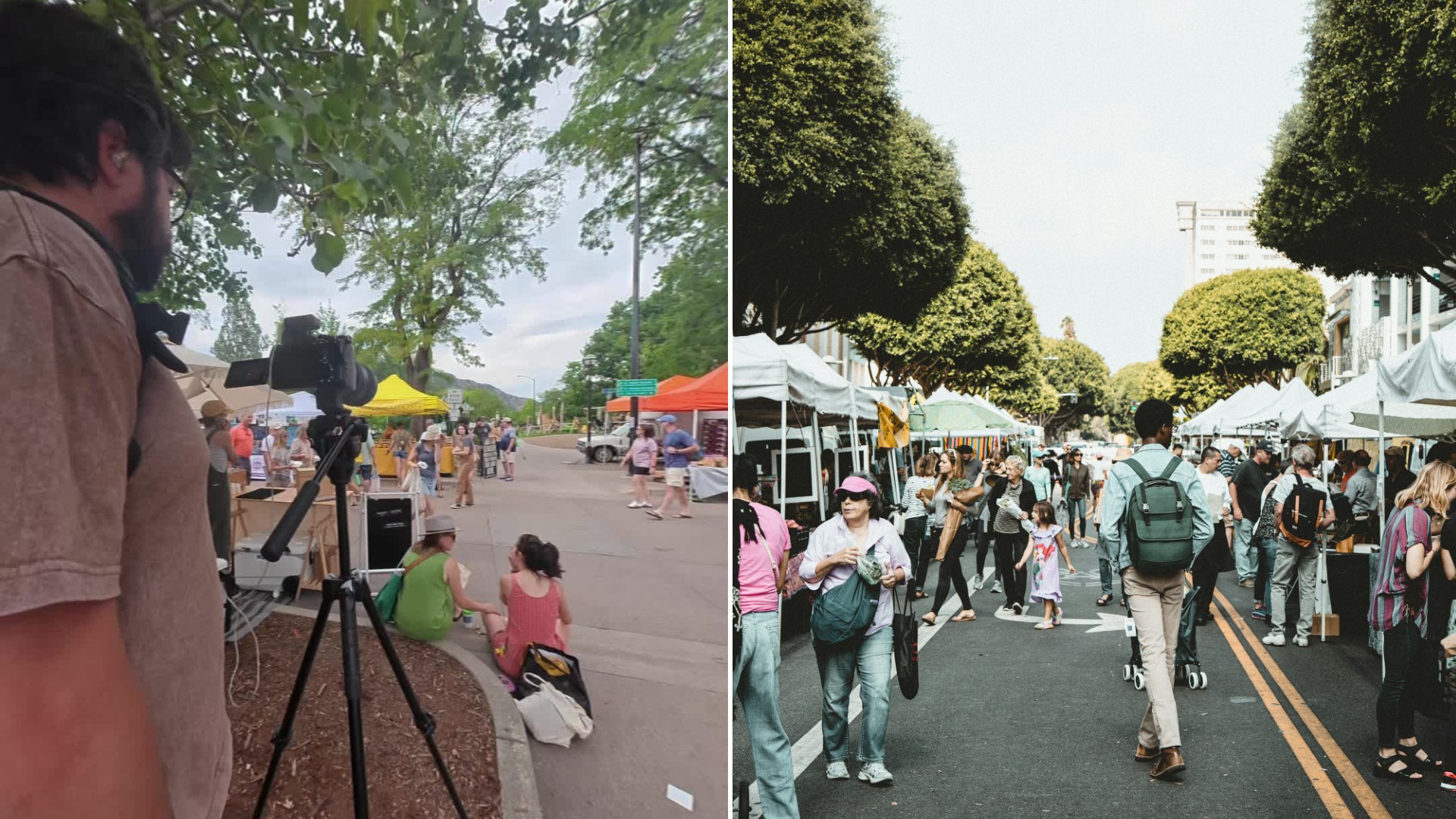 Split image: a bearded man stands behind a camera on a tripod pointed at an outdoor market with colorful tents, next to a crowd of people walking between white vendor tents at a street market