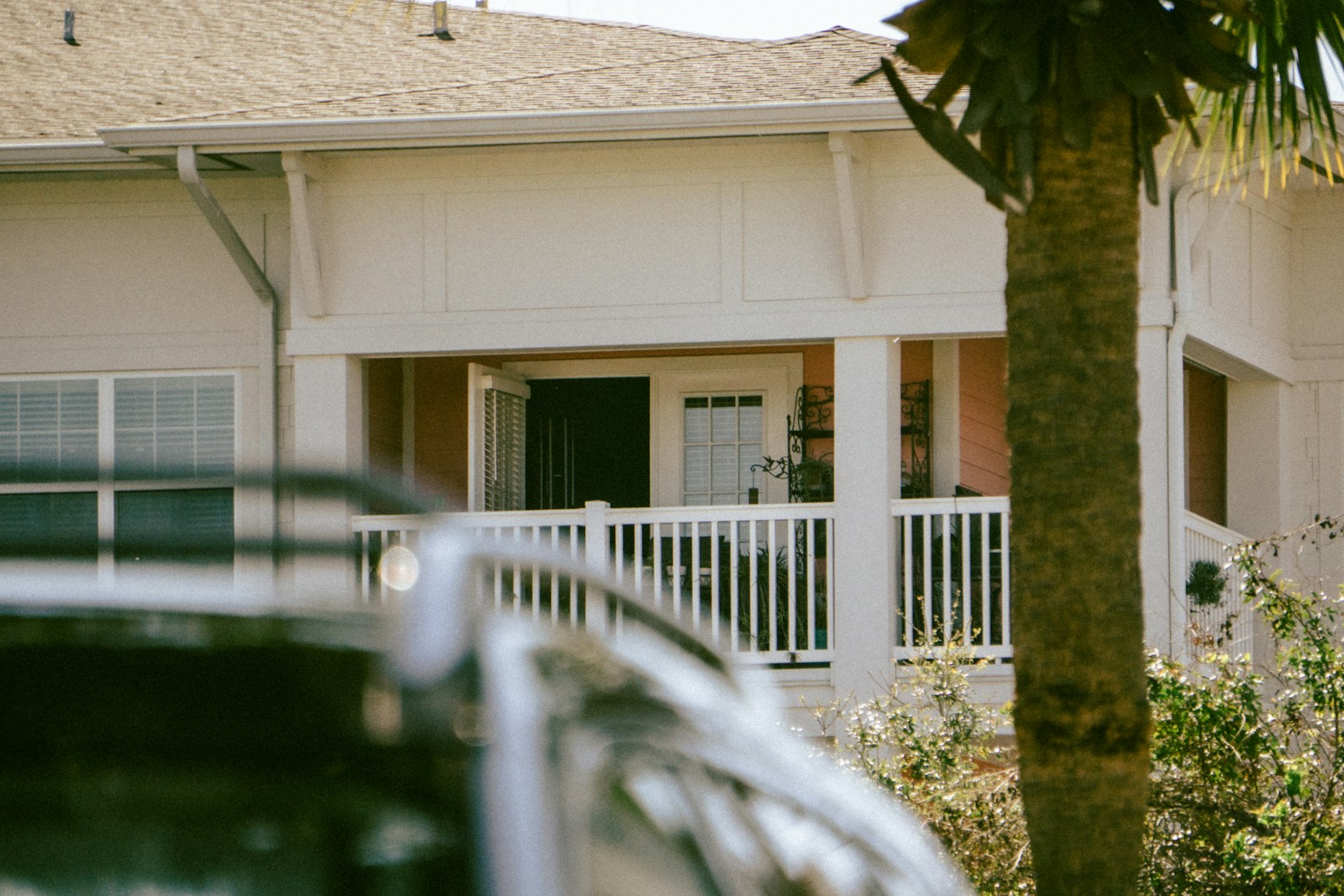A house with a porch and palm tree