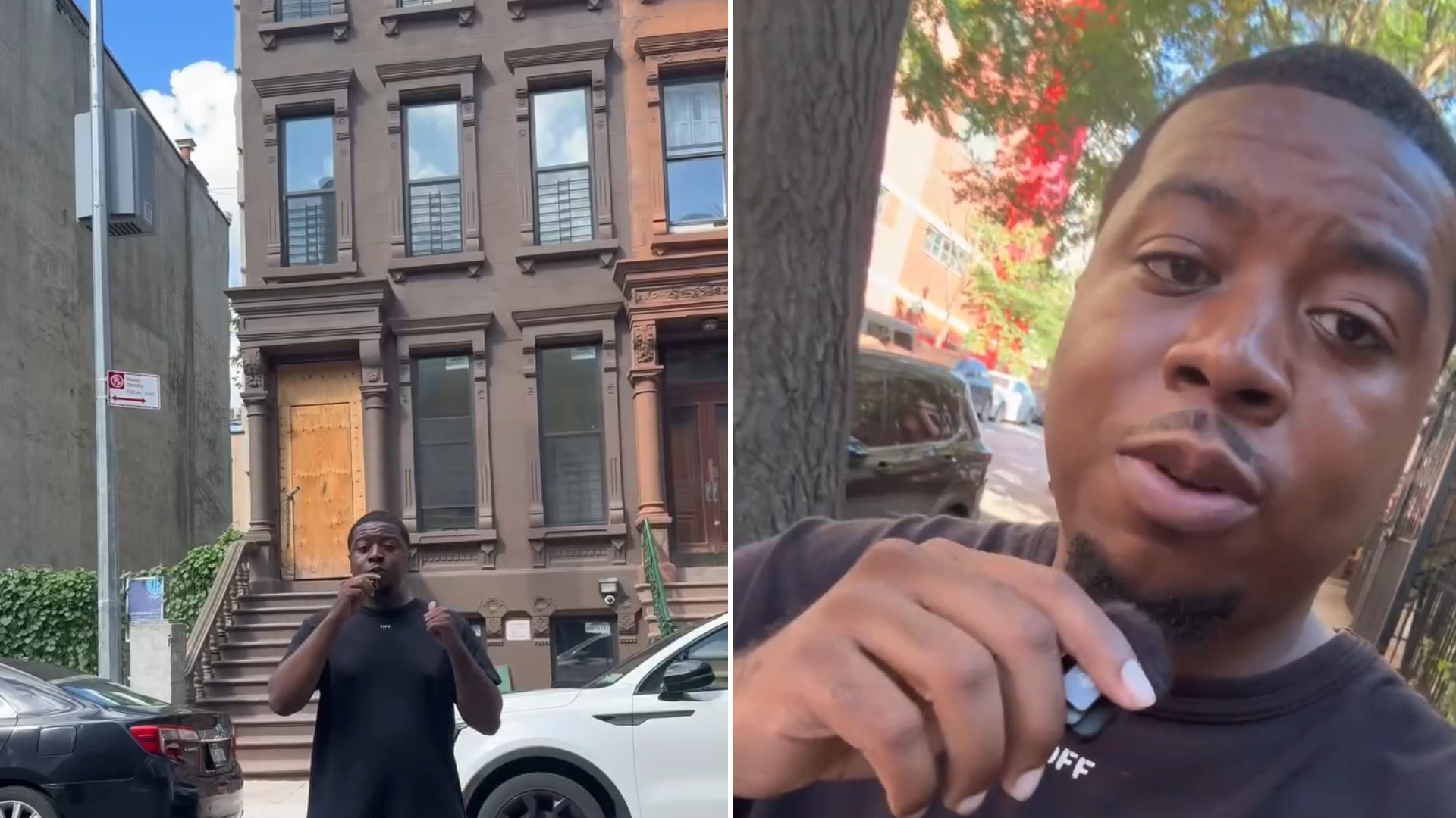 Split image: a man in black stands on the sidewalk in front of a brown Harlem brownstone with boarded windows, next to a close-up of him talking to camera on a tree-lined street
