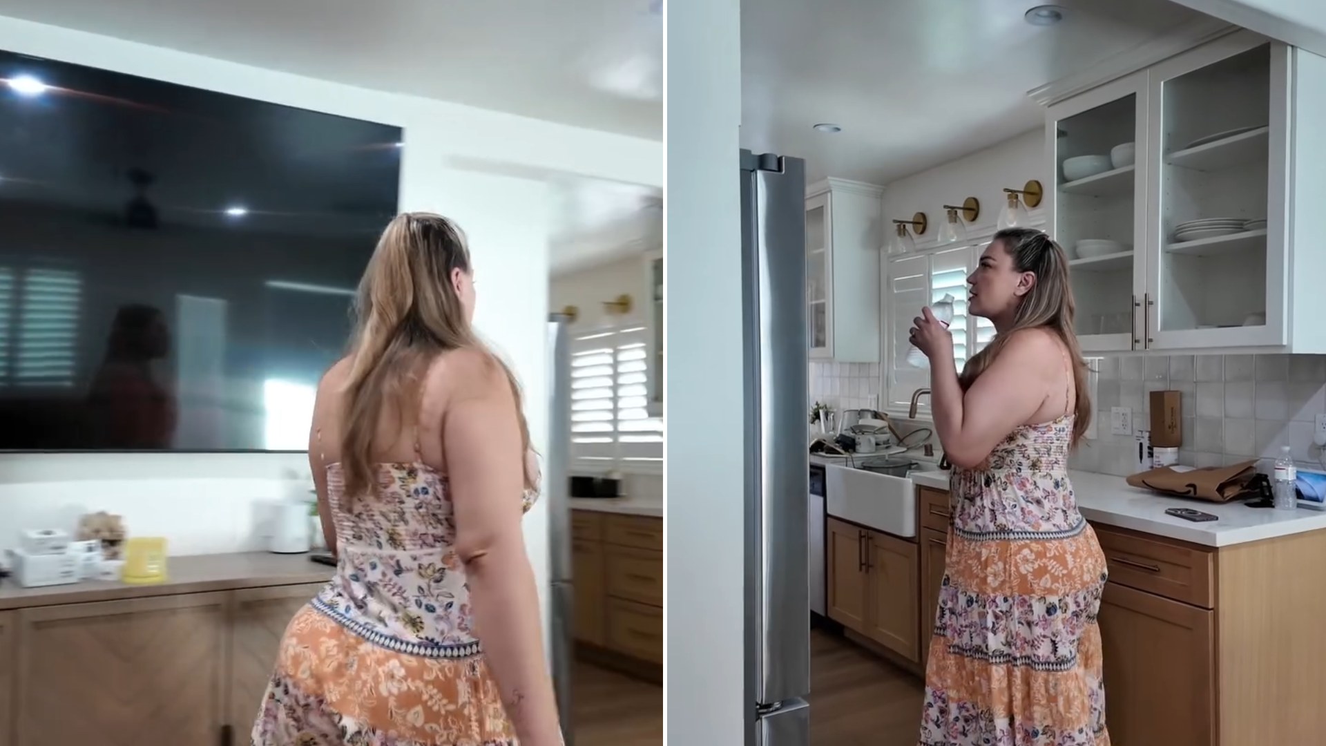 Split image: a woman in an orange floral dress walks through her living room, next to the same woman taking a drink at her white kitchen counter