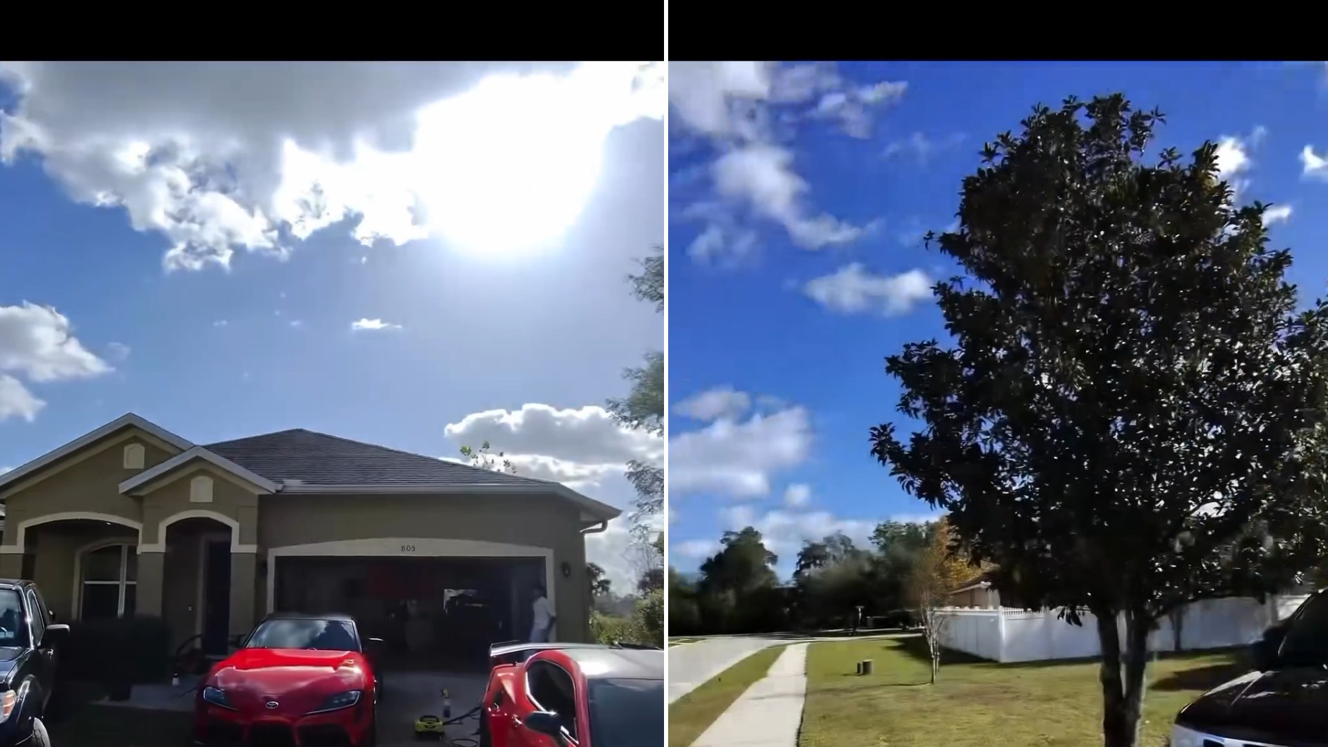 Split image from an Instagram reel: a tan single-story house with a red sports car and a detailing van in the driveway under a bright sky, next to a suburban street with a large tree, white fence and a parked car