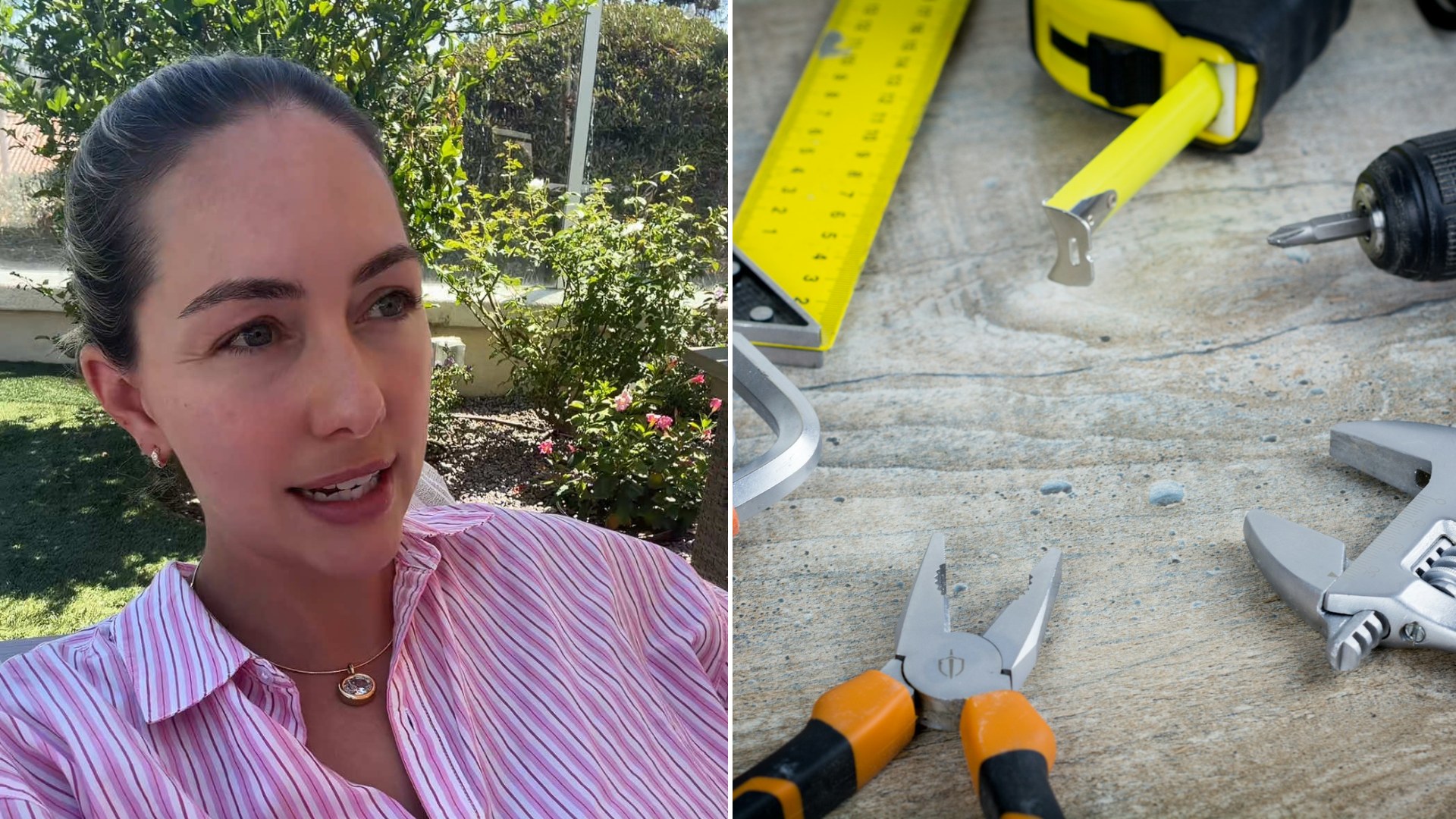 Split image: a woman in a pink striped shirt talks to camera in a garden, next to pliers, a wrench and a tape measure laid out on a wooden surface