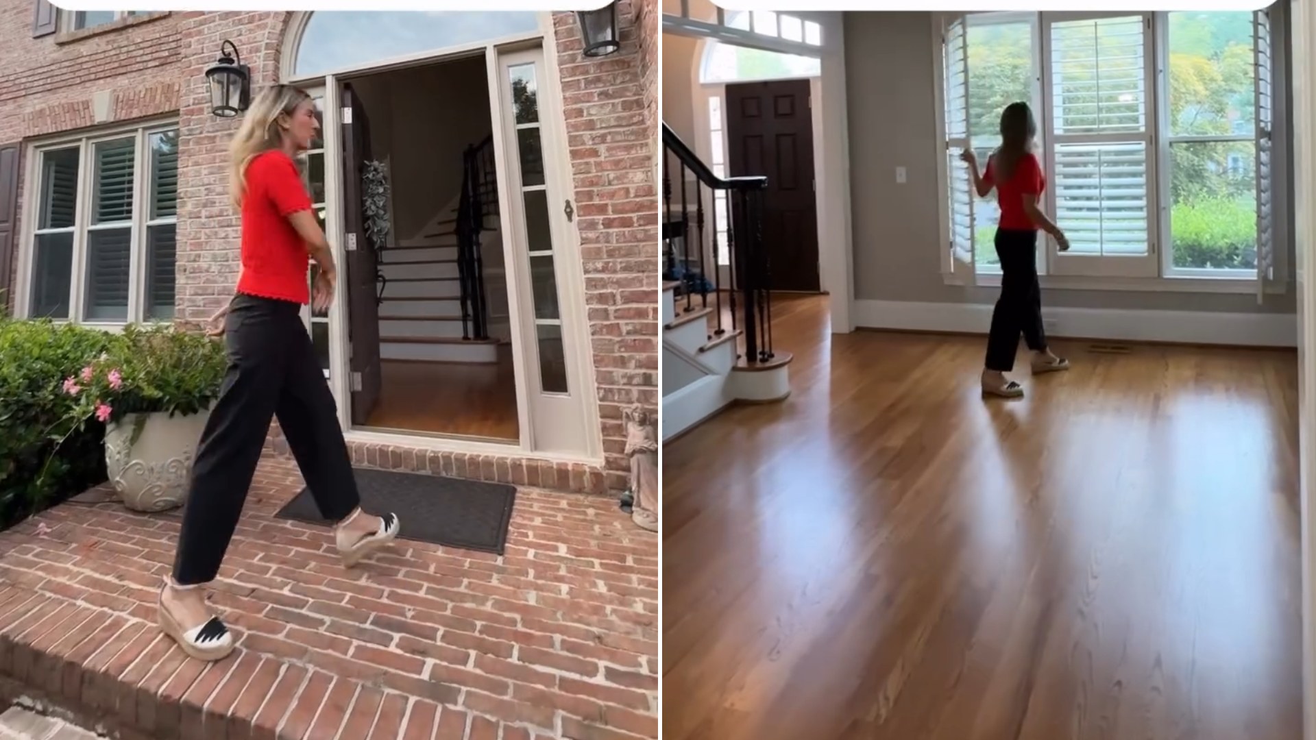 Two frames from the homesbyvivi Instagram reel: left, the realtor in a red top walking up to the front door of a brick house; right, her standing in the empty hardwood-floored living room by the windows