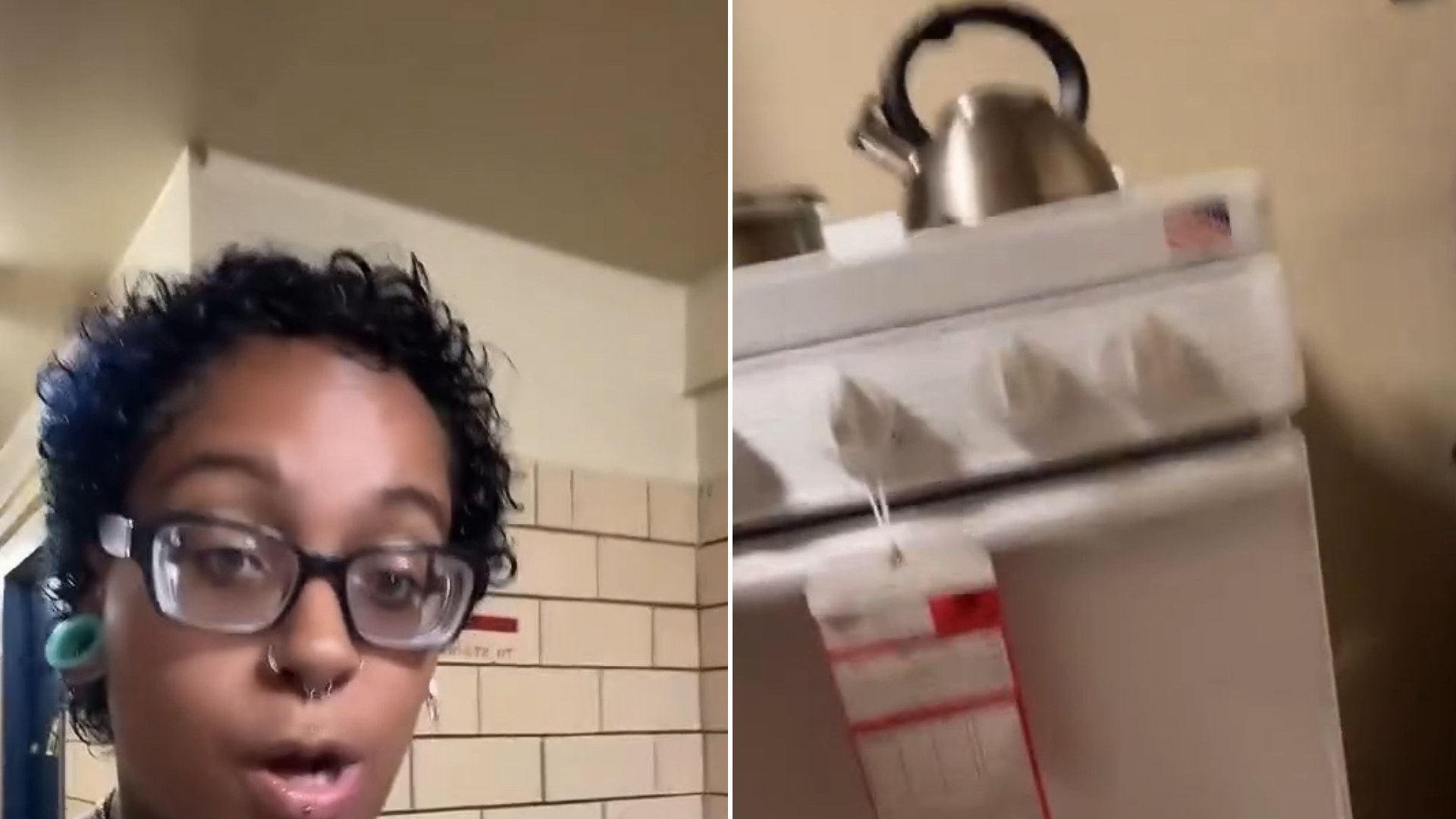 Split image: a woman with glasses and short curly hair speaks in a tan-tiled hallway, next to a white stove with a red warning tag hanging from a knob and a kettle on top