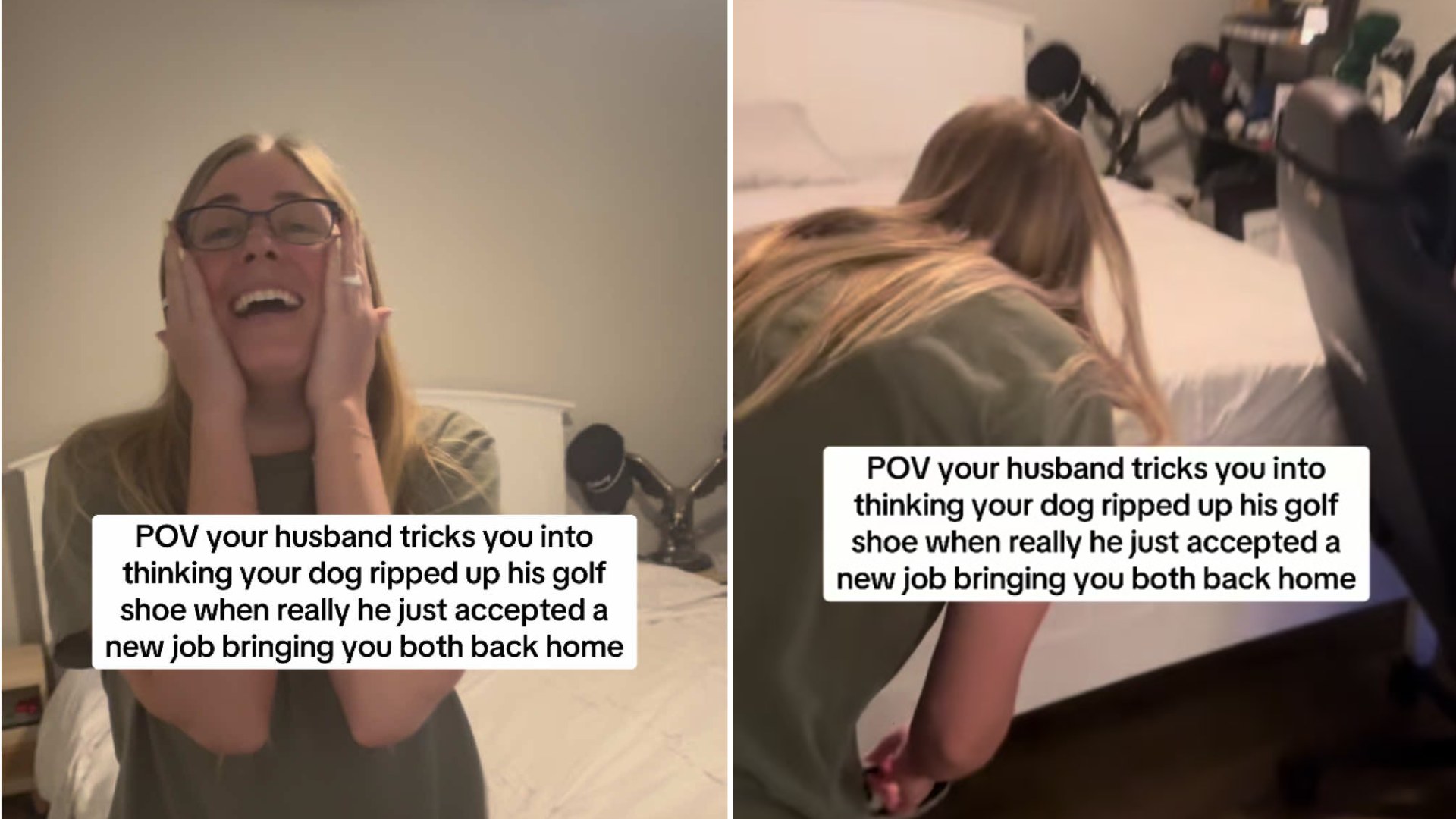 Two frames from the @jendipietro TikTok: left, Jen reacting with her hands on her face; right, her crouched by the bed, both with the caption explaining her husband's surprise new job bringing them back home