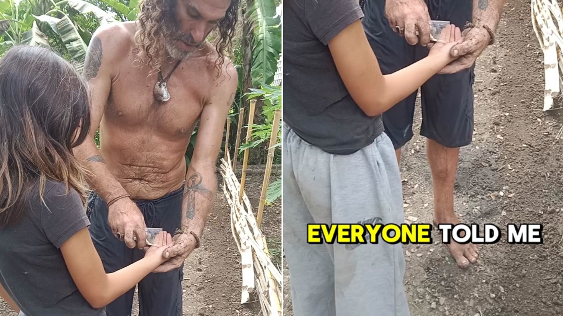 Two crops from the @jeremiahinthephilippines TikTok cover: the creator working soil in a garden in Palawan with a child beside him, with the caption Everyone told me