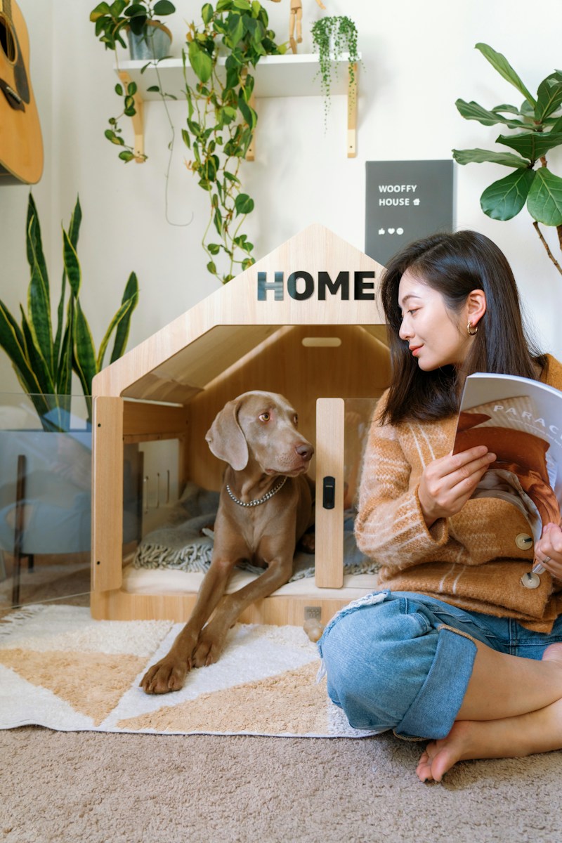 Woman reading next to dog in modern dog house