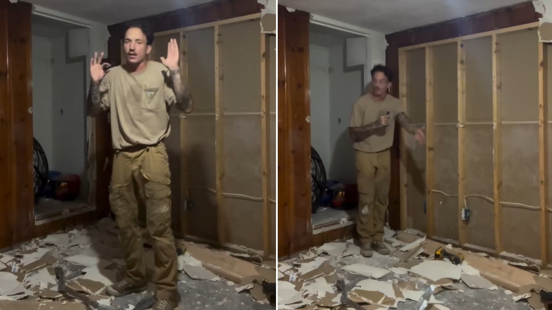 Two frames from the khaotyyck Instagram reel: the homeowner standing in a stripped room with exposed wall studs and drywall debris on the floor, gesturing as he explains the construction and permit problems