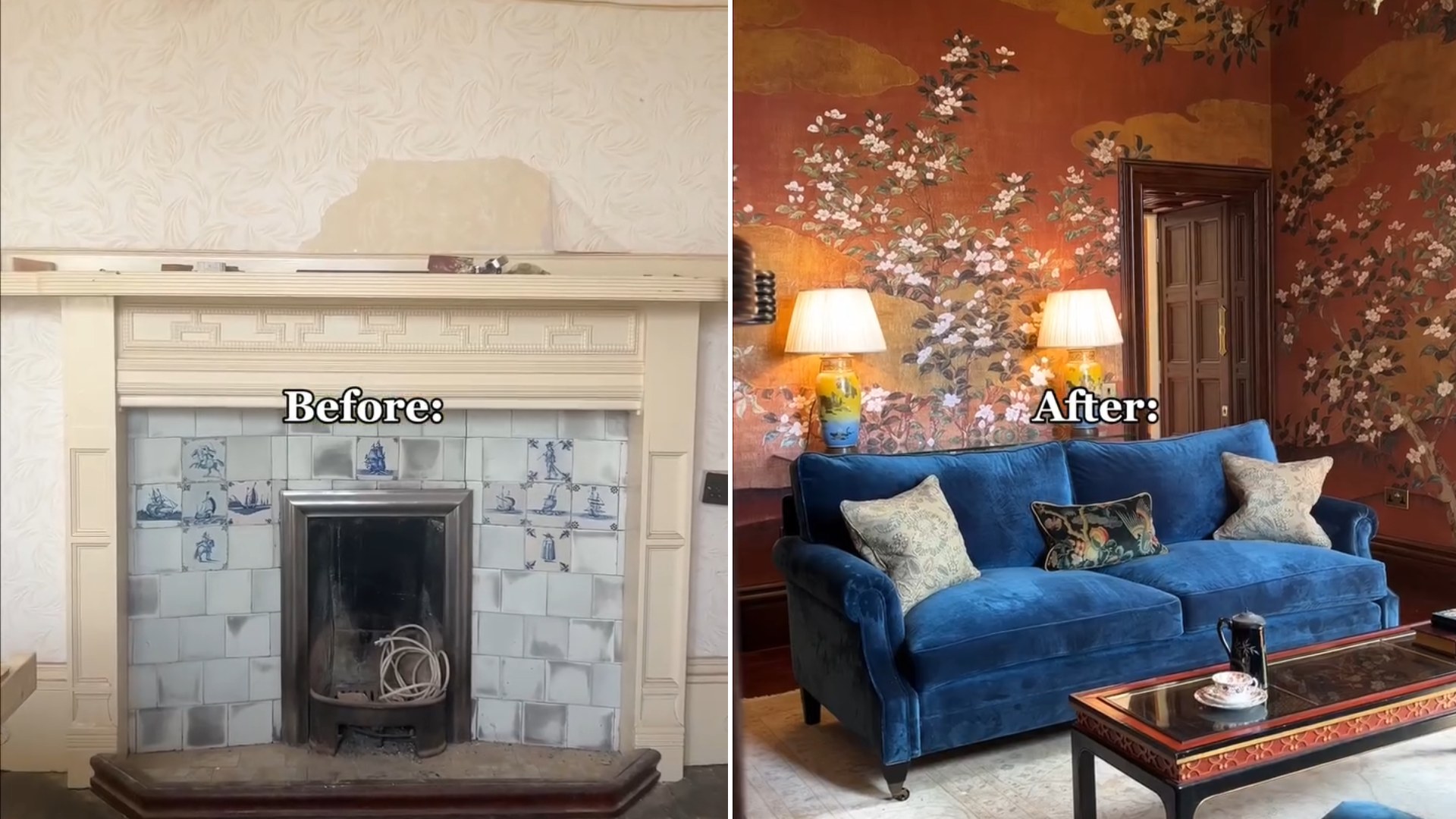 Two frames from the knockderrycastle Instagram reel: left, the bare room before with a peeling wall and blue-tiled fireplace labeled Before; right, the finished room with blossom wallpaper and a blue velvet sofa labeled After