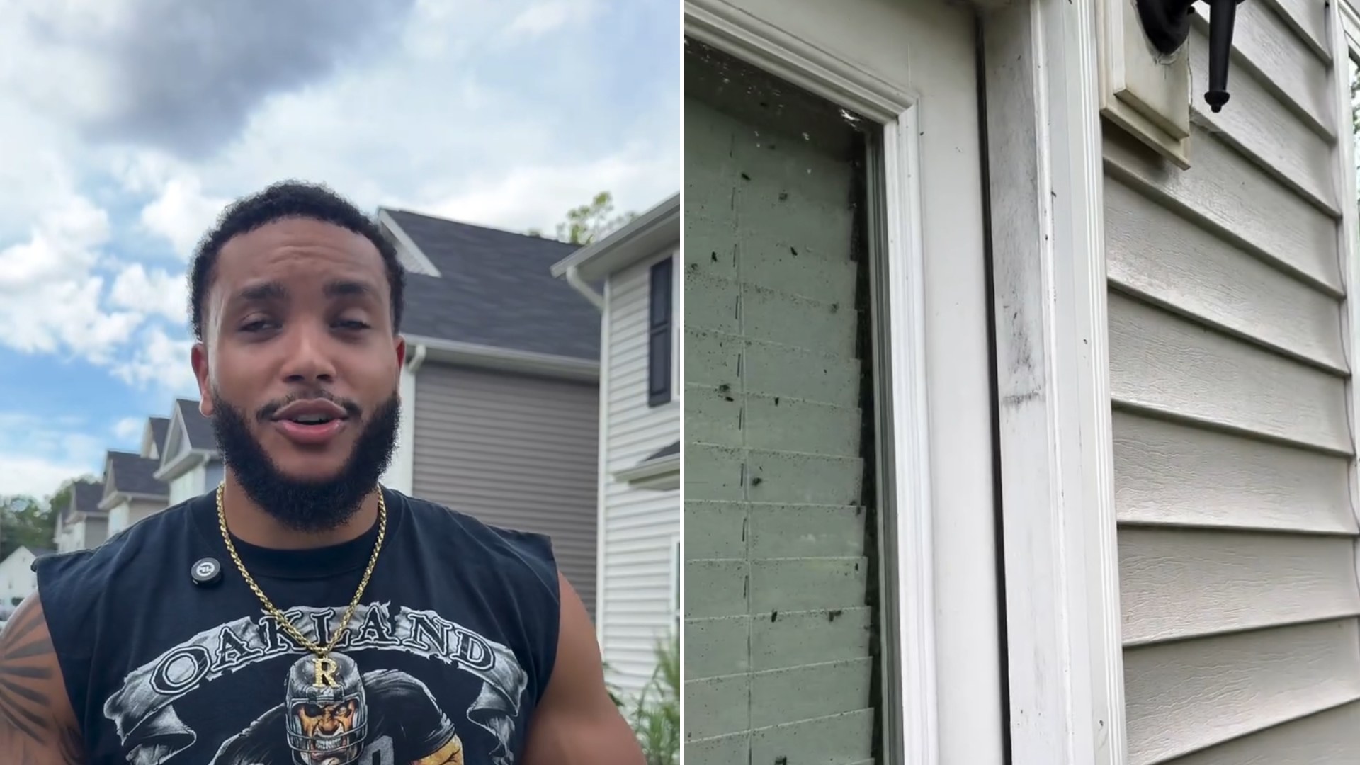 Split image from an Instagram reel: a bearded man in a black sleeveless shirt talks to camera in front of a gray two-story house, next to a close-up of the front door and light-colored siding