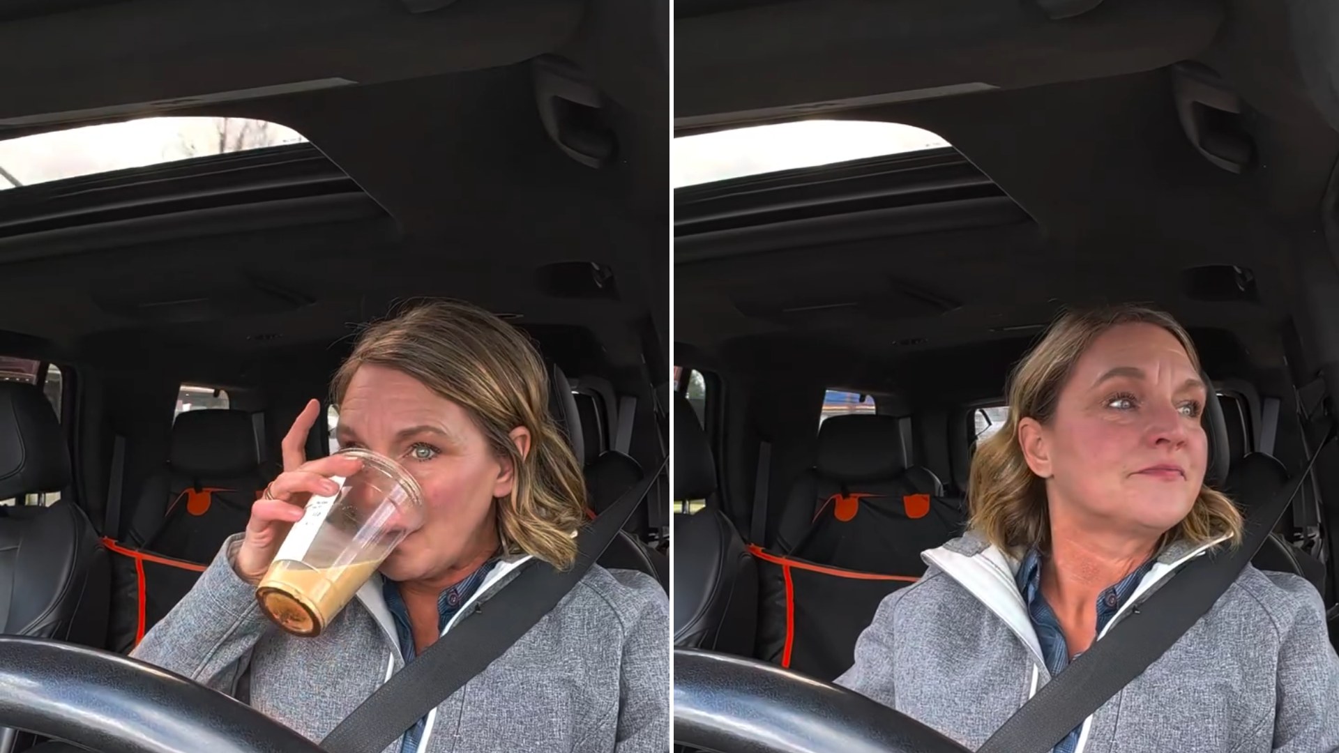 Two frames from the laureljonasrealtor Instagram reel: the realtor in the driver's seat of her car, sipping a coffee and then talking about moving from Arizona to North Idaho