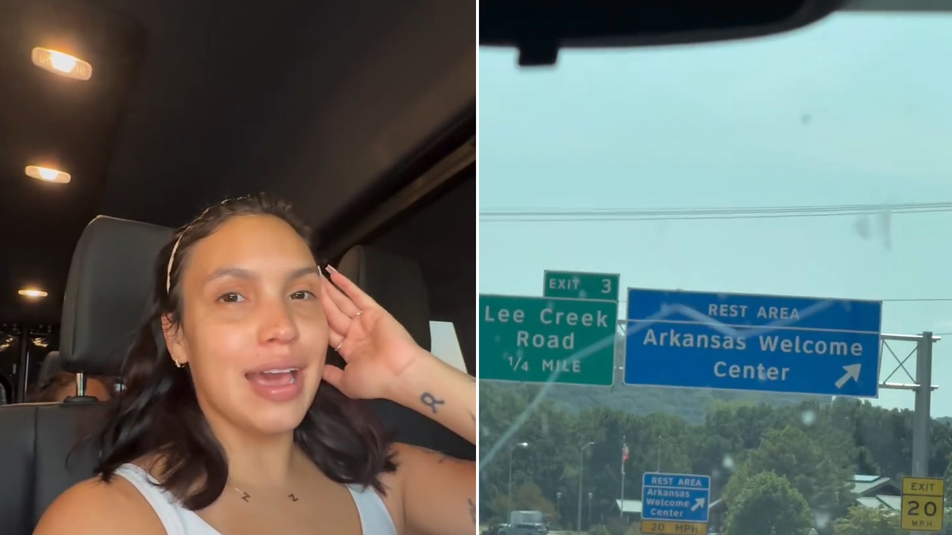 Two frames from the lilversachi Instagram reel: left, the mom talking to camera from the back seat during the drive; right, a highway sign for the Arkansas Welcome Center seen through the windshield