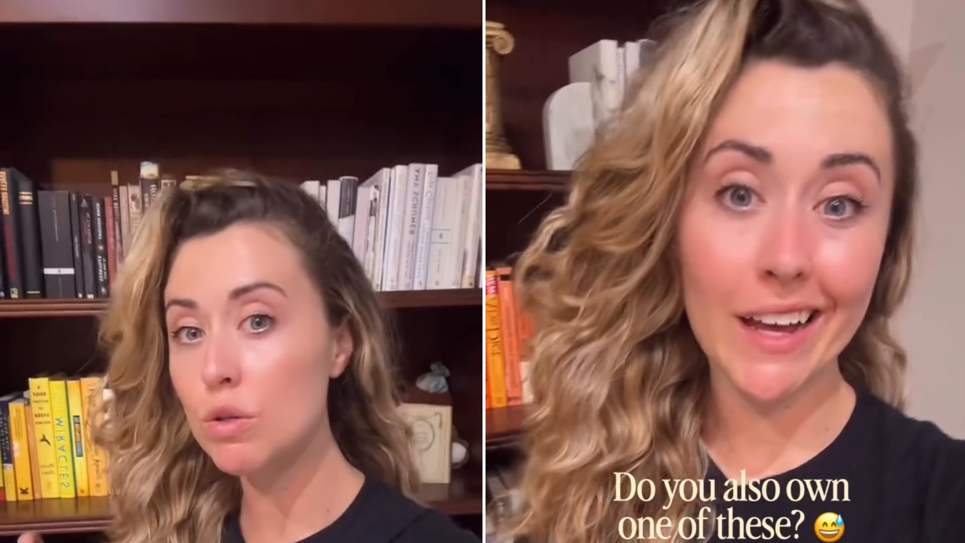 Two frames from the maneuvering_mic Instagram reel: the seller talking to camera in front of her wooden bookshelf, with the on-screen caption Do you also own one of these