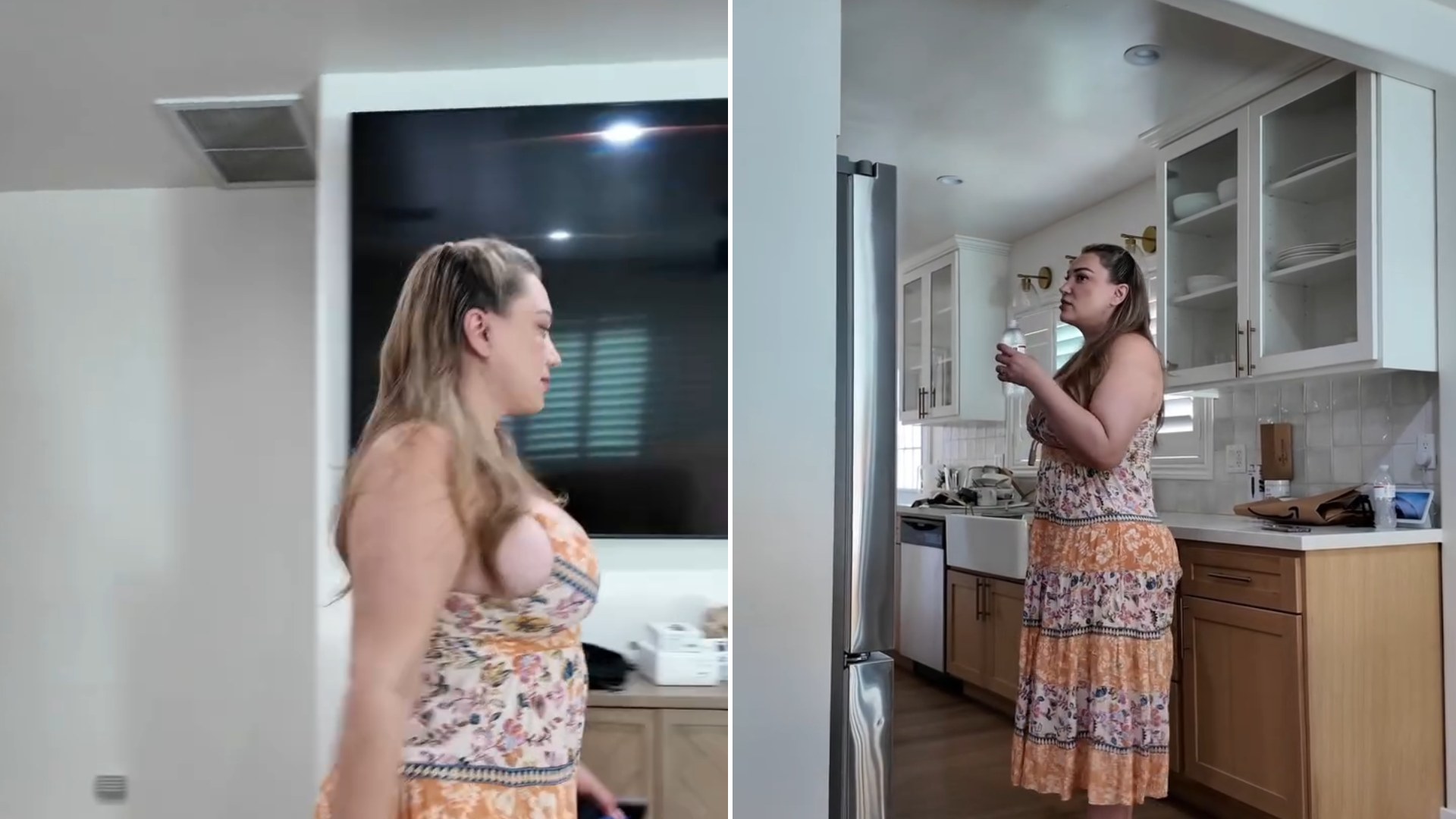 Two frames from the marii.marii.2 Instagram reel: left, the homeowner in a floral dress walking through her living room; right, her standing in her white kitchen while talking about the HOA meeting