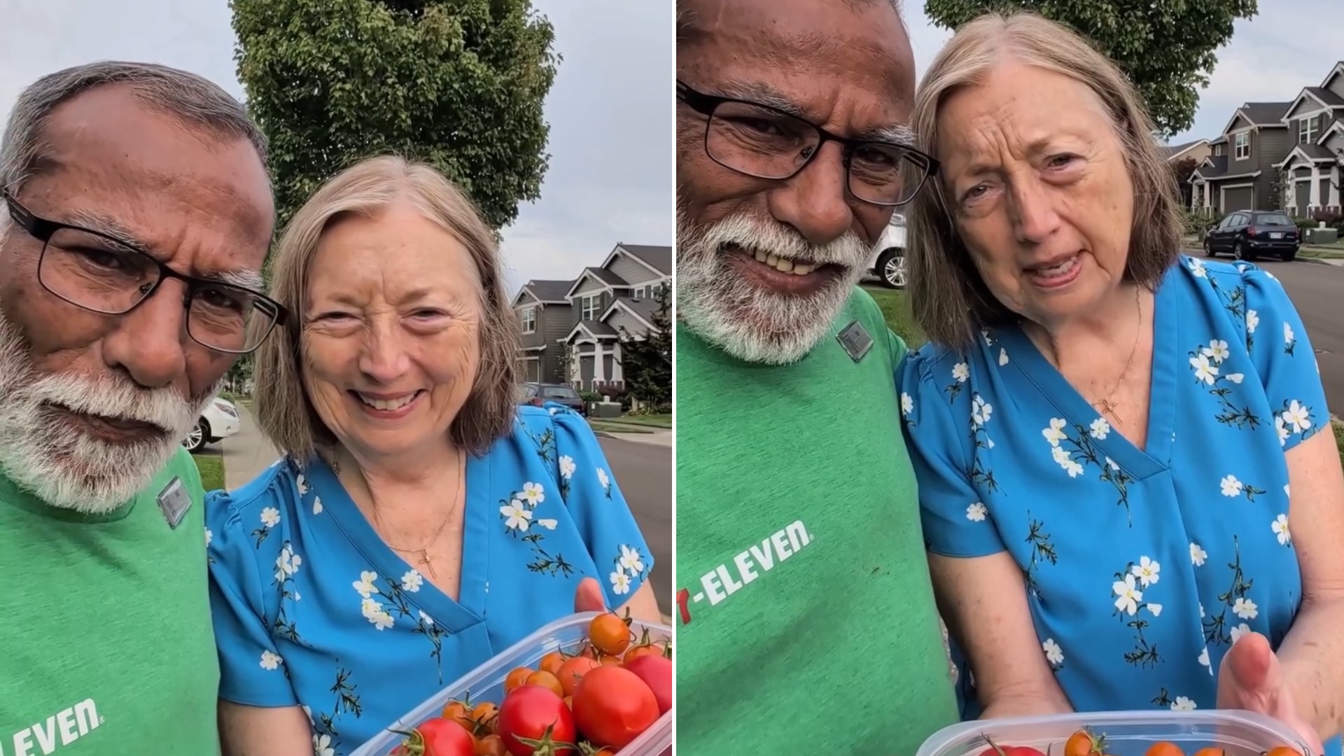 Split image: a bearded man in glasses and a green shirt takes a selfie with a smiling older woman in a blue floral top holding cherry tomatoes, next to the same woman holding out a container of tomatoes on a suburban street