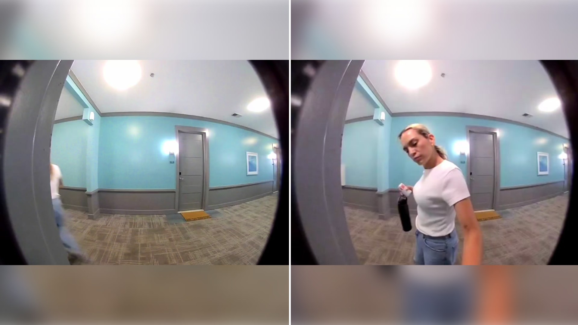 Split image: two Ring doorbell camera stills of an apartment hallway with light blue walls, the second showing a woman in a white t-shirt approaching the door holding a package