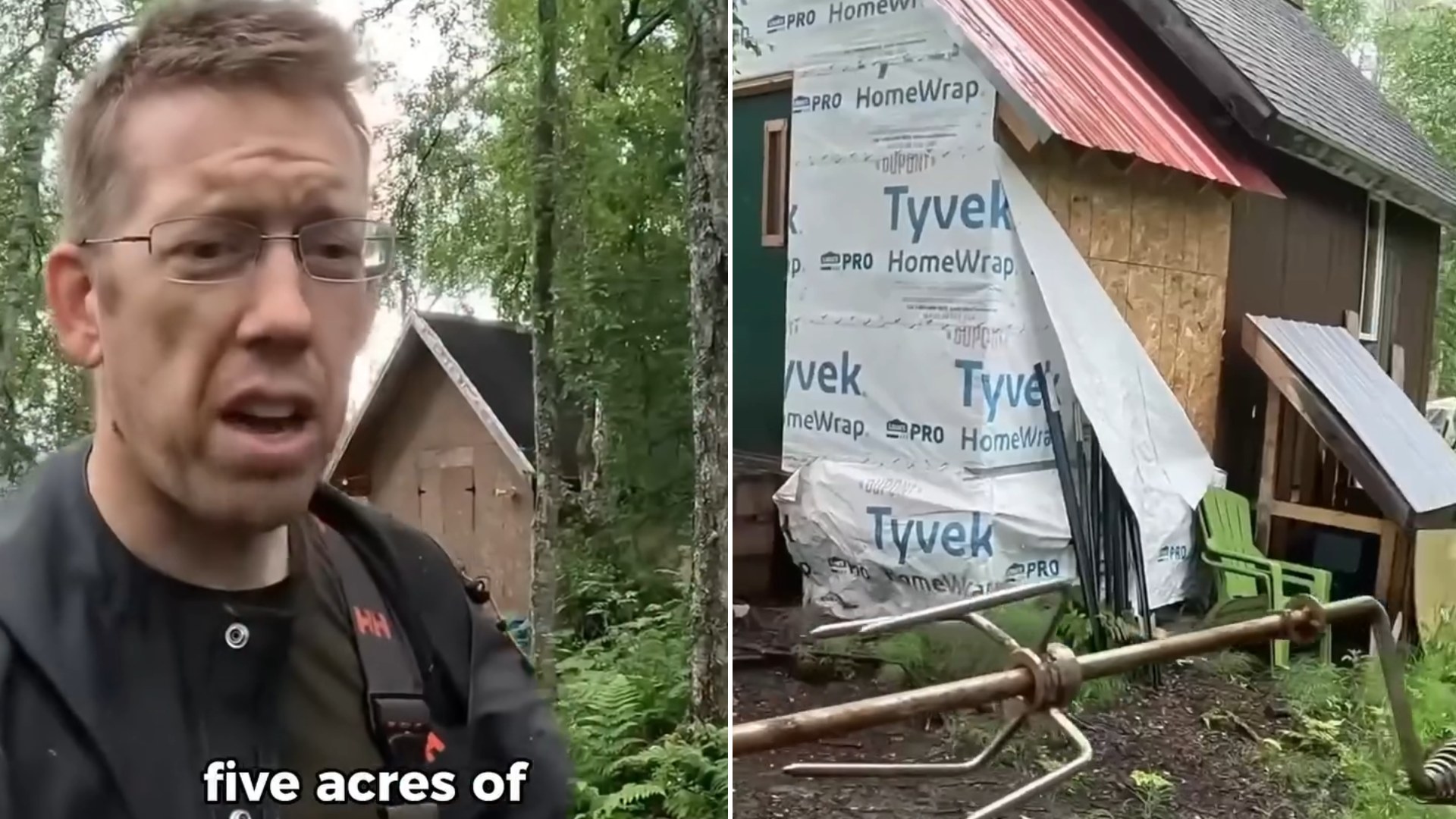 Two frames from the outdoorboyskids Instagram reel: left, the buyer talking to camera in the woods; right, a Tyvek-wrapped shack with a red roof found on the property