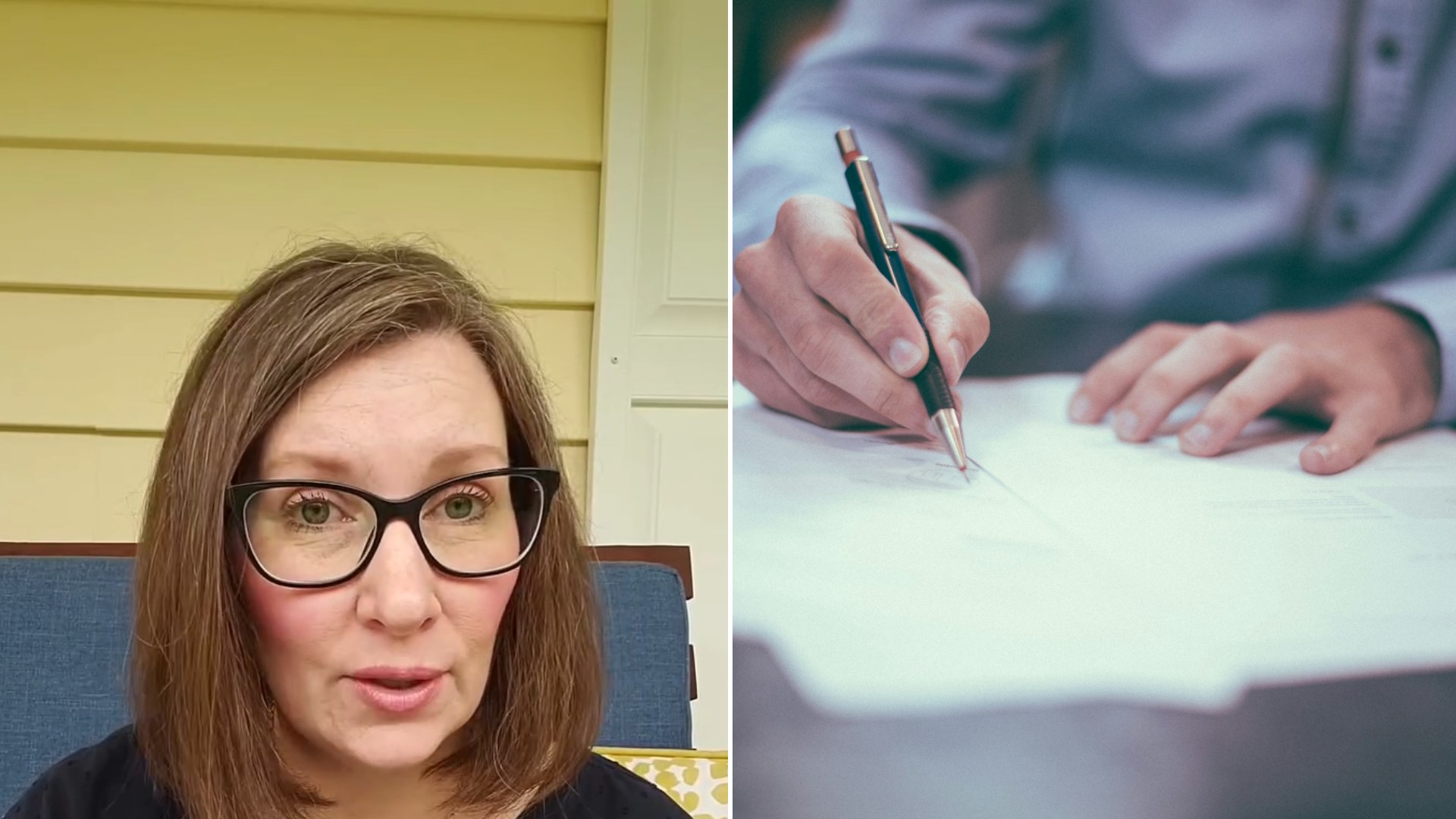 Split image: a woman with glasses and shoulder-length brown hair speaks to camera in front of yellow siding, next to a close-up of a hand signing a document with a pen