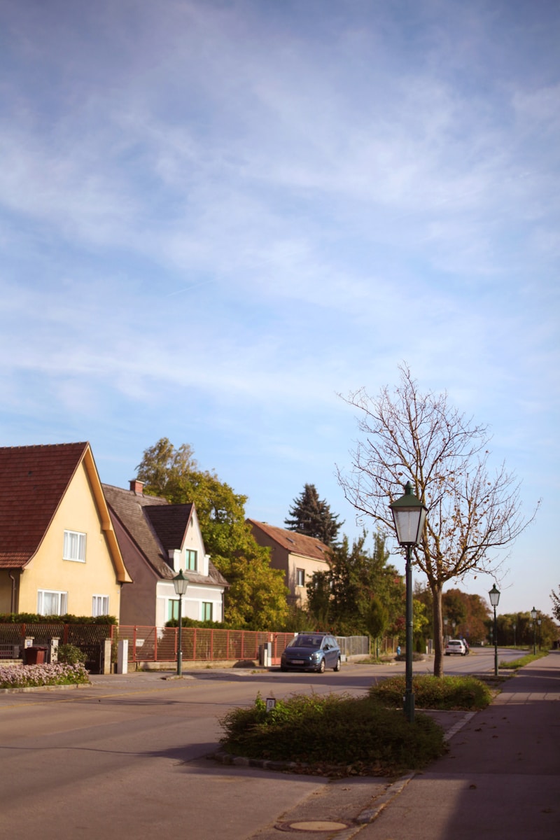 a street with houses and a car parked on the side of the road