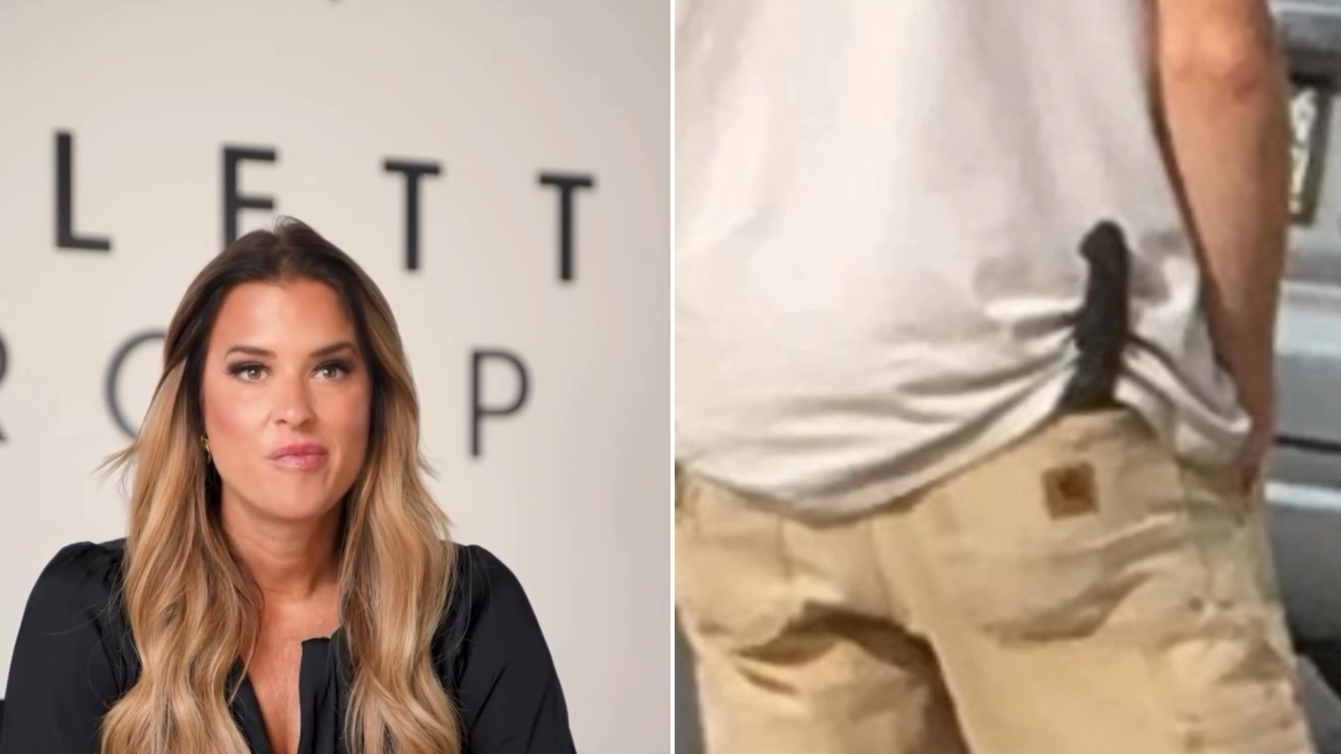 Split image: a blonde real estate agent in a black blouse speaks to camera at a desk, next to a photo of a man from behind with a handgun tucked into the back of his khaki pants