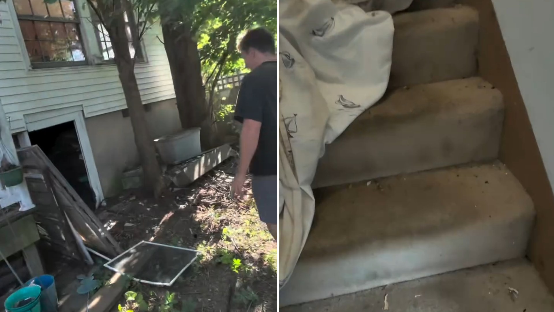 Split image: a man walks past a cluttered, overgrown backyard beside an old white house, next to a grimy carpeted staircase with a dirty blanket draped on it