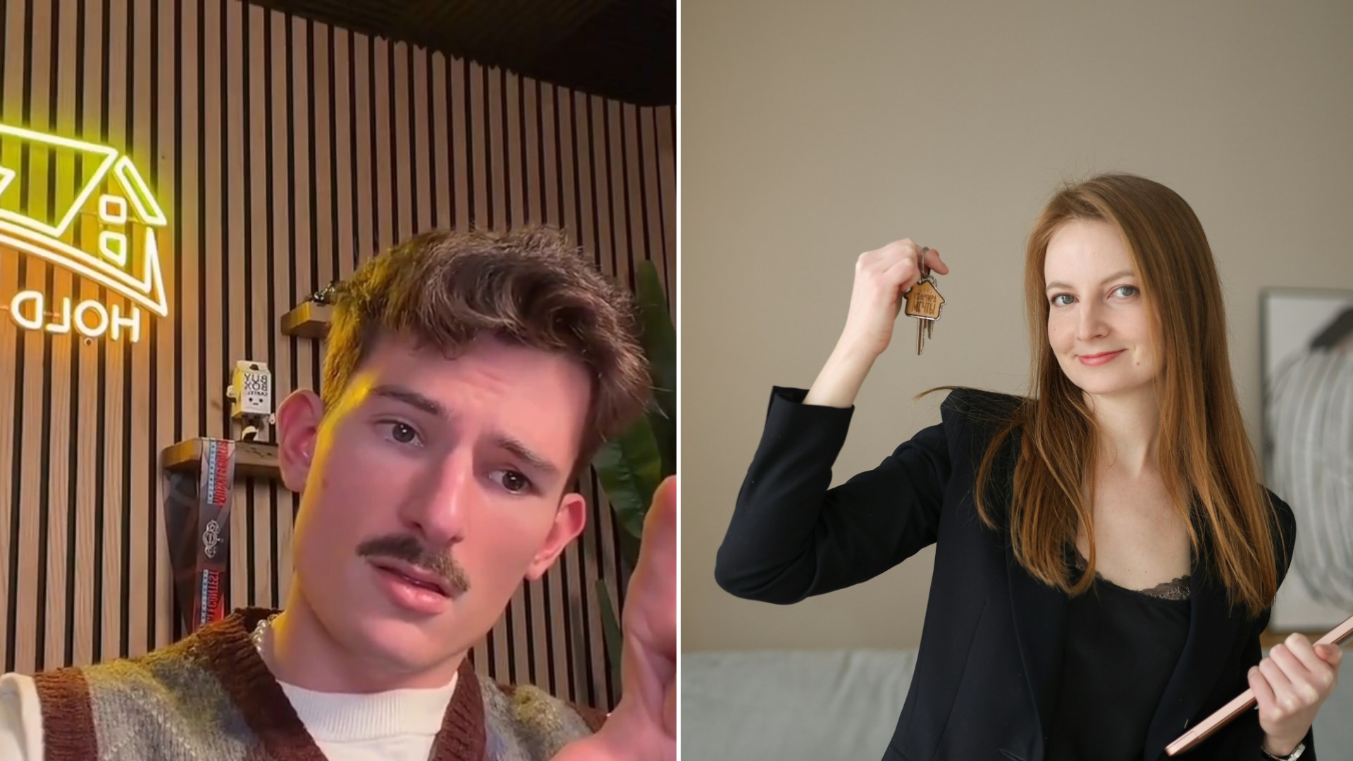 Split image: a man with a mustache in an argyle sweater vest talks to camera beneath a neon house sign, next to a woman in a black blazer holding up a set of house keys