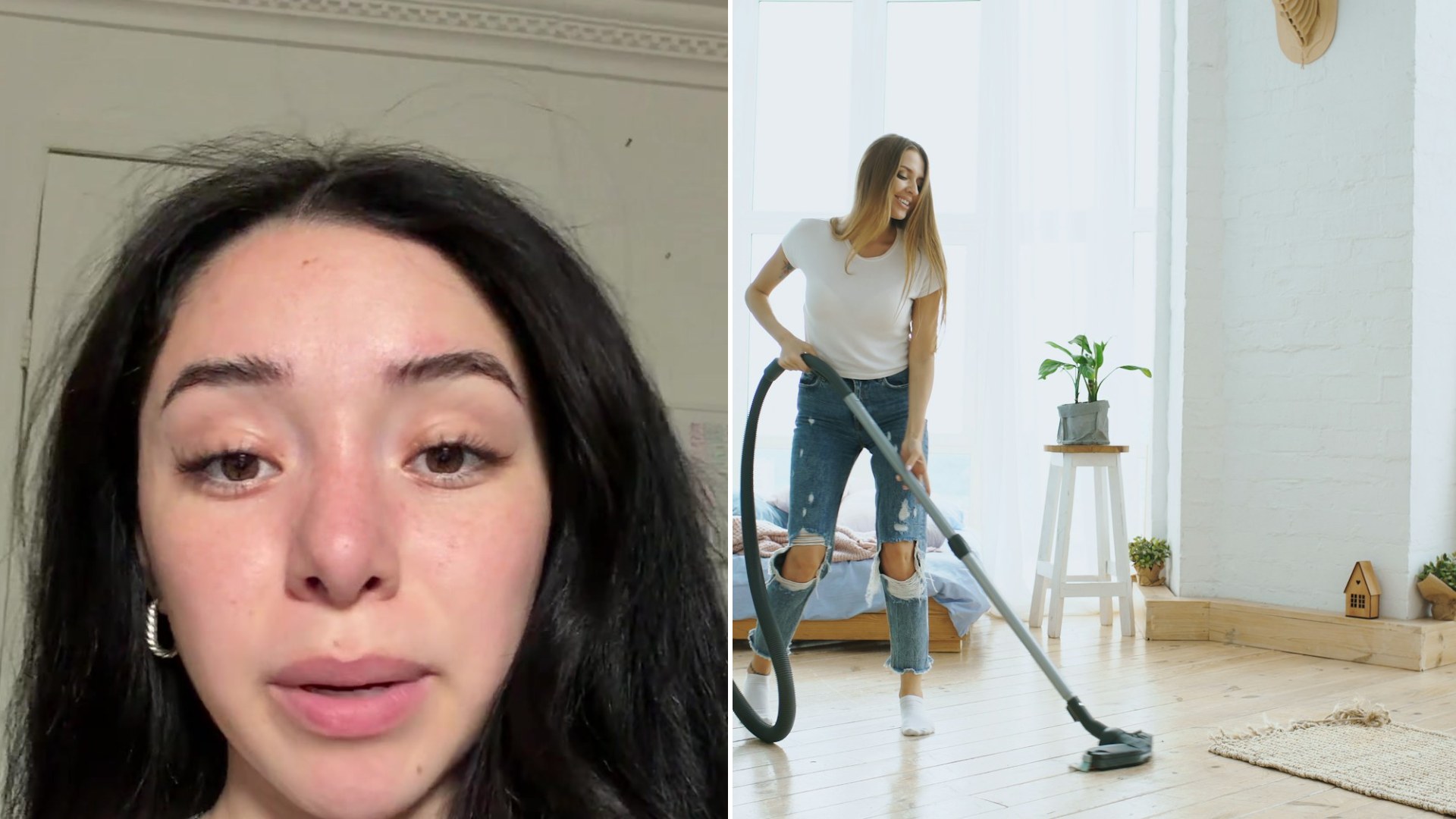 Split image: a young woman with long dark hair speaks to camera in her apartment, next to a woman in a white t-shirt vacuuming the floor of a sunlit living room