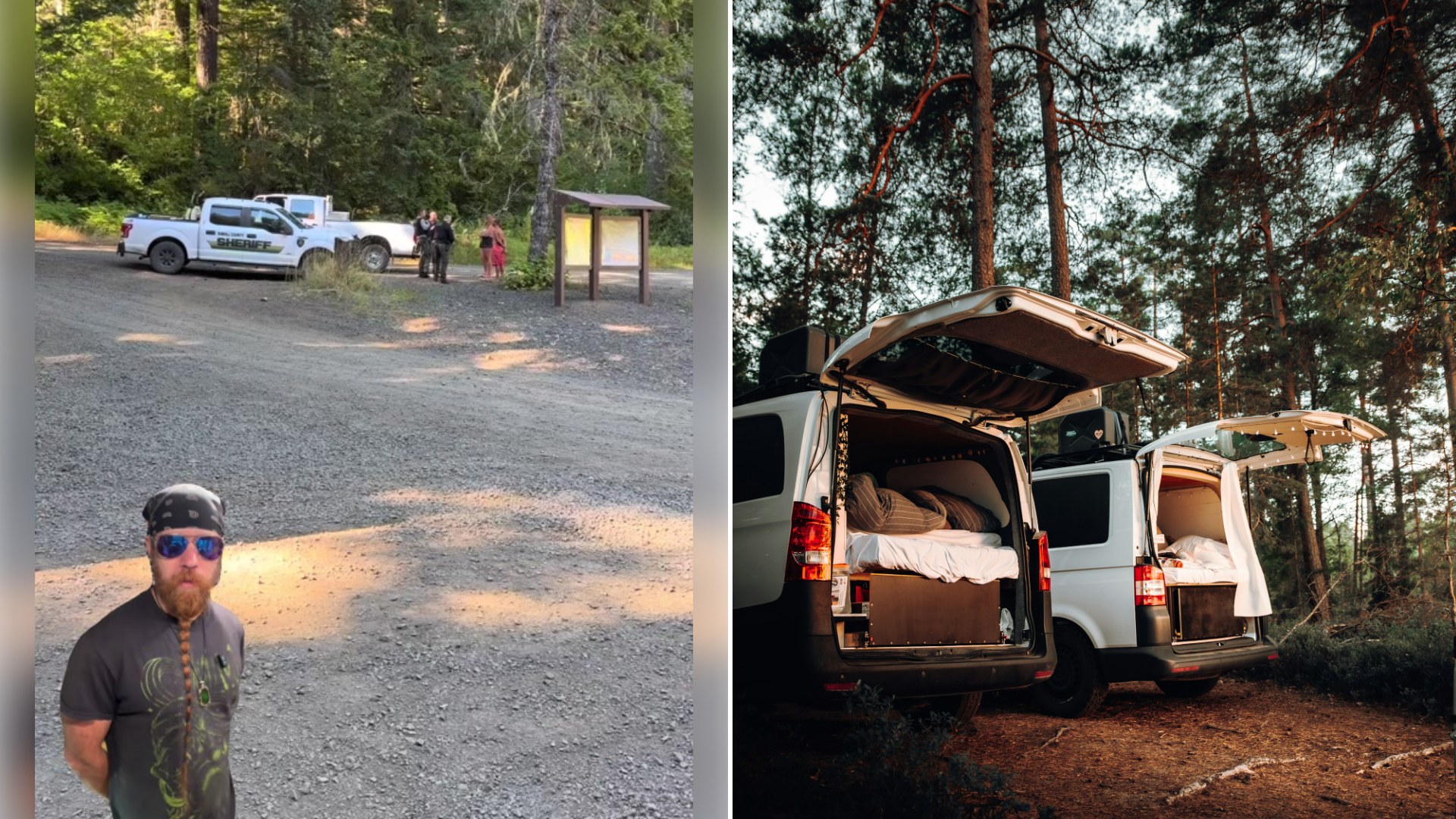 Split image: a man in sunglasses stands on a gravel forest road with a sheriff truck and officers in the background, next to two camper vans with open doors parked among pine trees