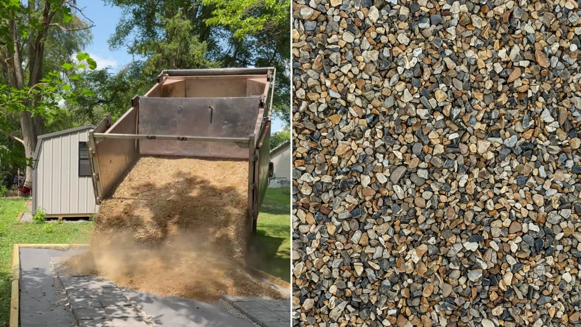 Split image: a dump truck tips a load of gravel onto a backyard pad beside a shed, next to a close-up of mixed gray and tan gravel stones