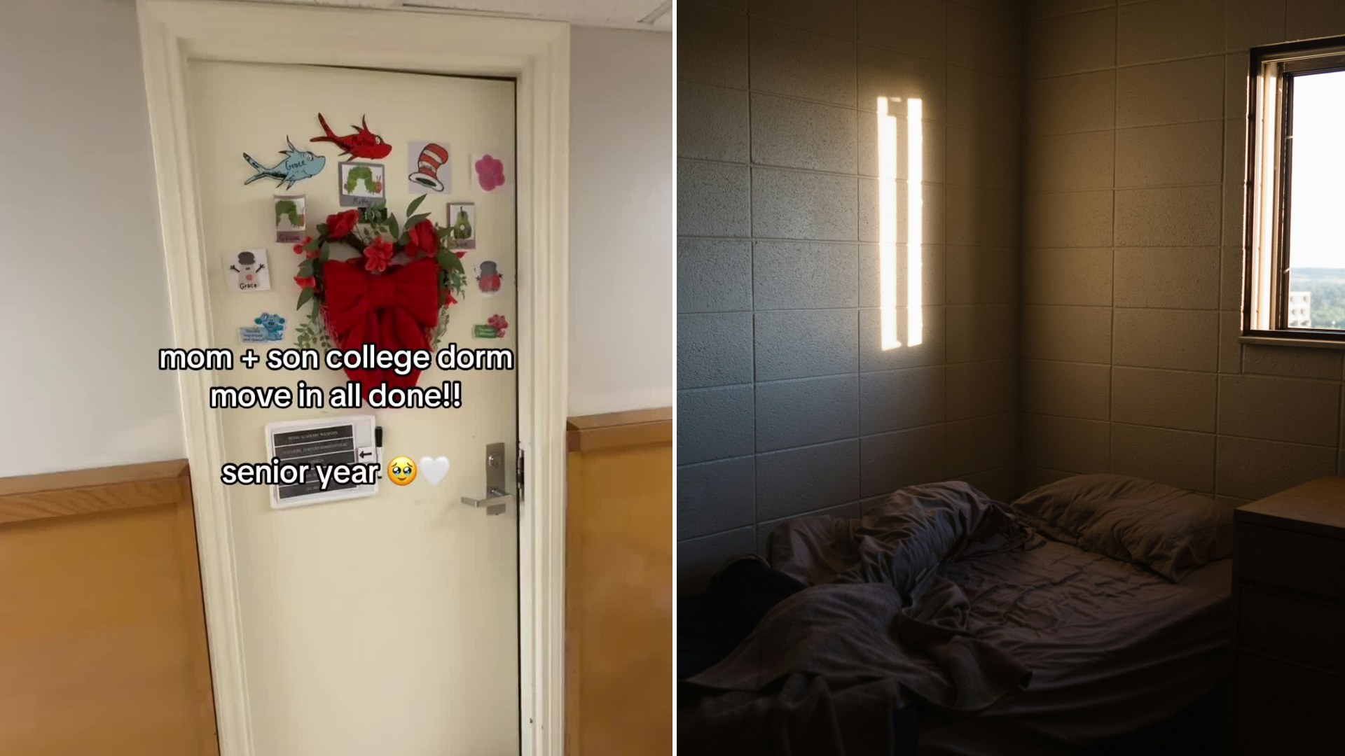 Split image: a decorated college dorm door with a red bow and cartoon cutouts and the caption 'mom + son college dorm move in all done!! senior year', next to a dimly lit dorm room with an unmade bed beside a window
