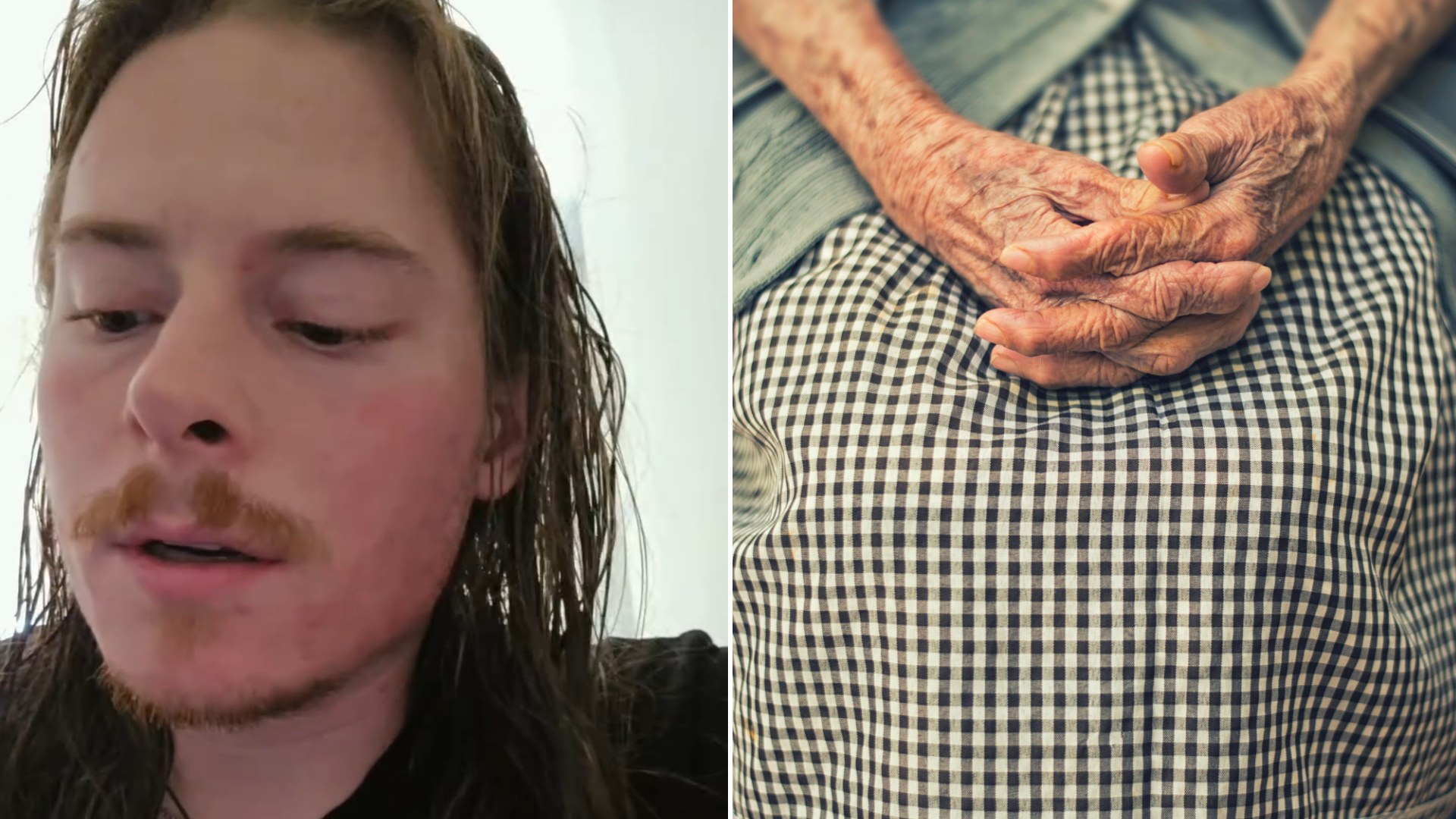 Split image: a young man with long hair and a mustache speaks quietly to camera against a white wall, next to a close-up of an elderly person's wrinkled hands folded on a checked shirt