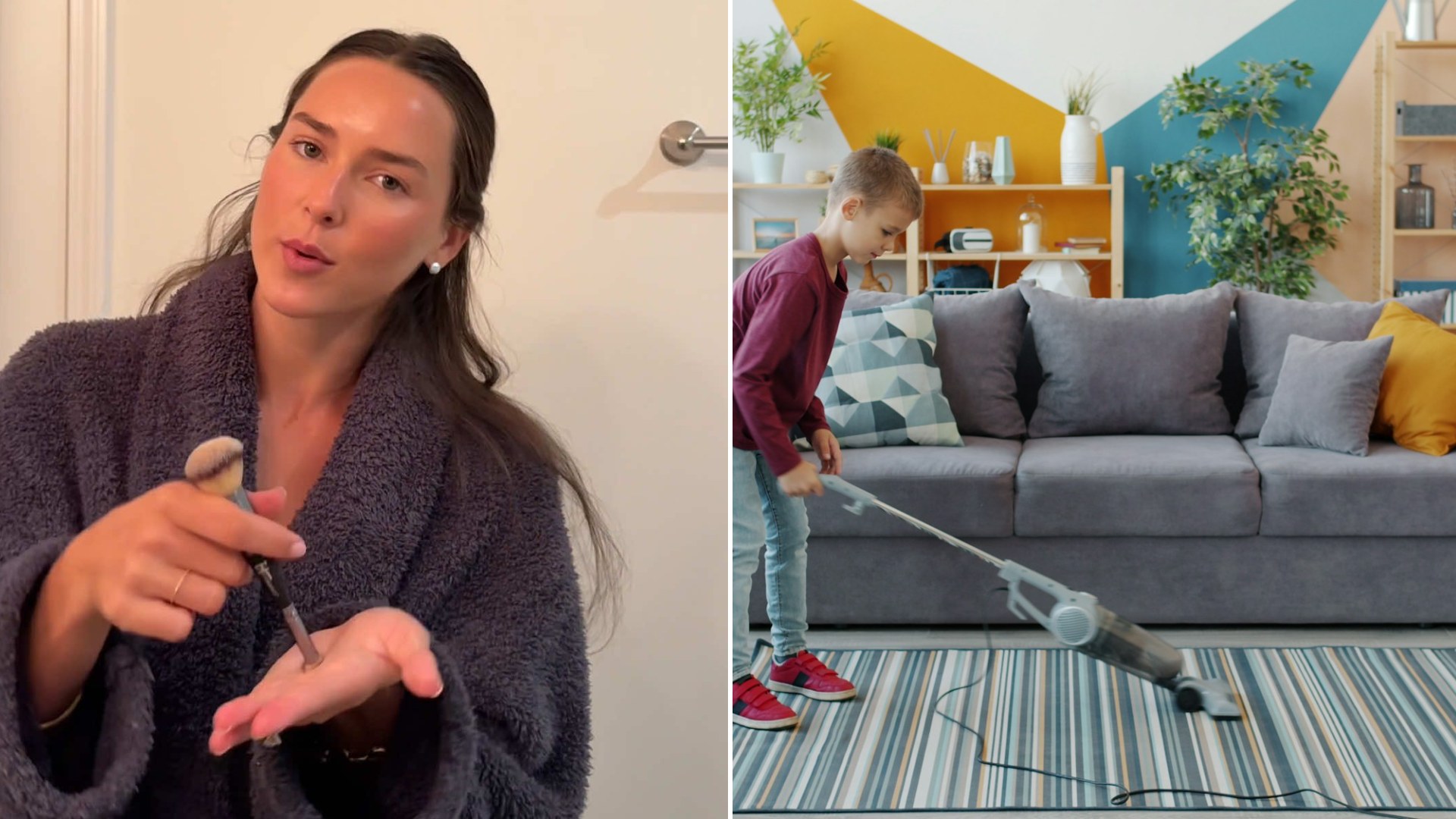 Split image: a woman in a fuzzy gray robe gestures while talking to camera in front of a white door, next to a young boy in a red sweater vacuuming a striped rug in a colorful living room