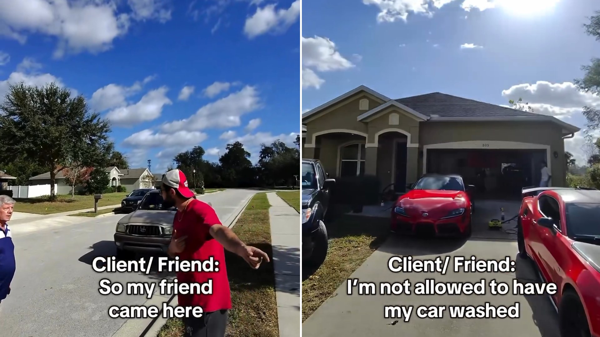 Two frames from the superspotlessdetailing Instagram reel: left, the detailer in a red shirt on the street with the HOA president at the edge of frame; right, the client's house with a red sports car being washed in the driveway
