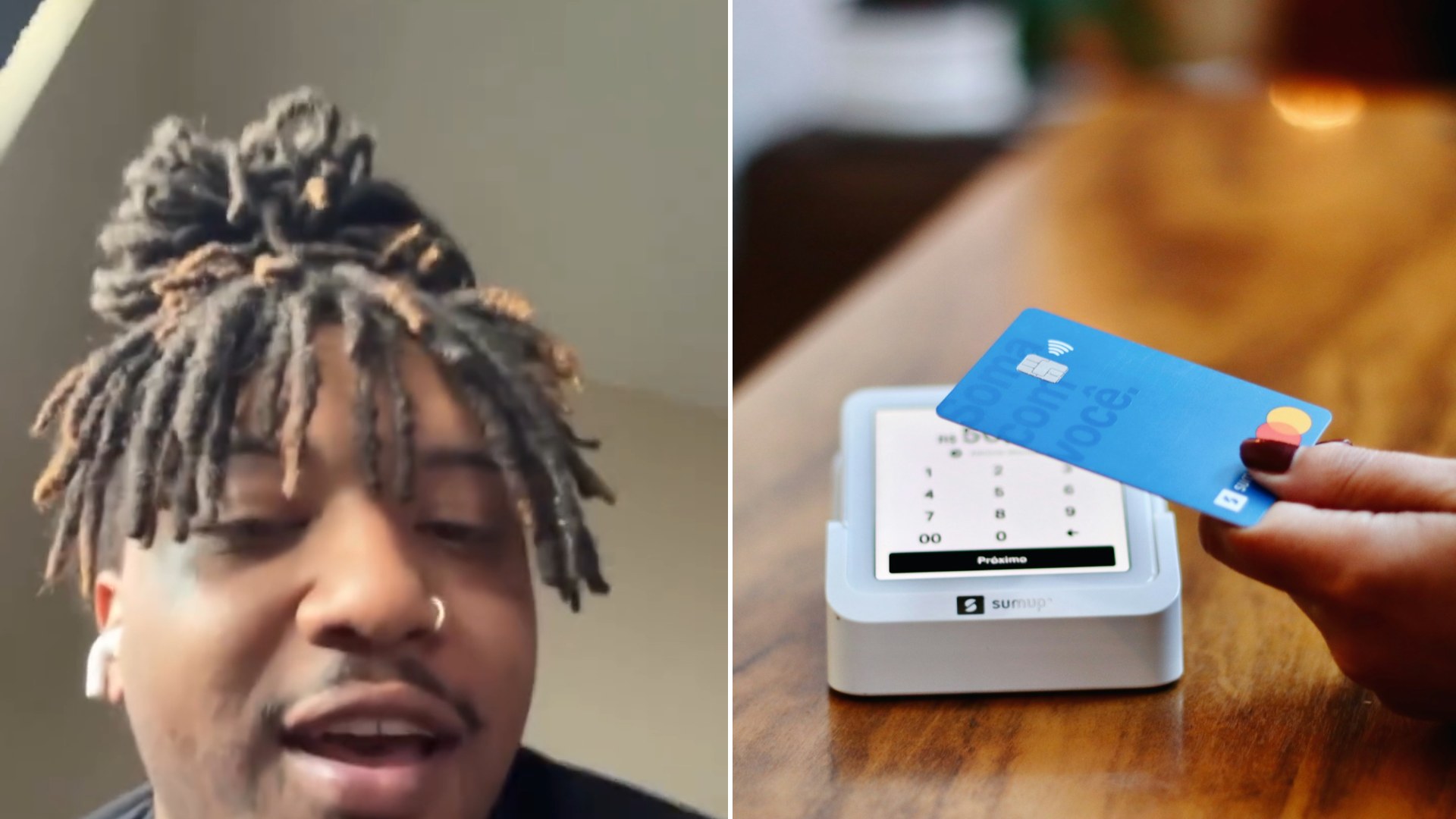 Split image: a man with locs tied up speaks to camera, next to a hand holding a blue credit card over a card reader on a wooden table