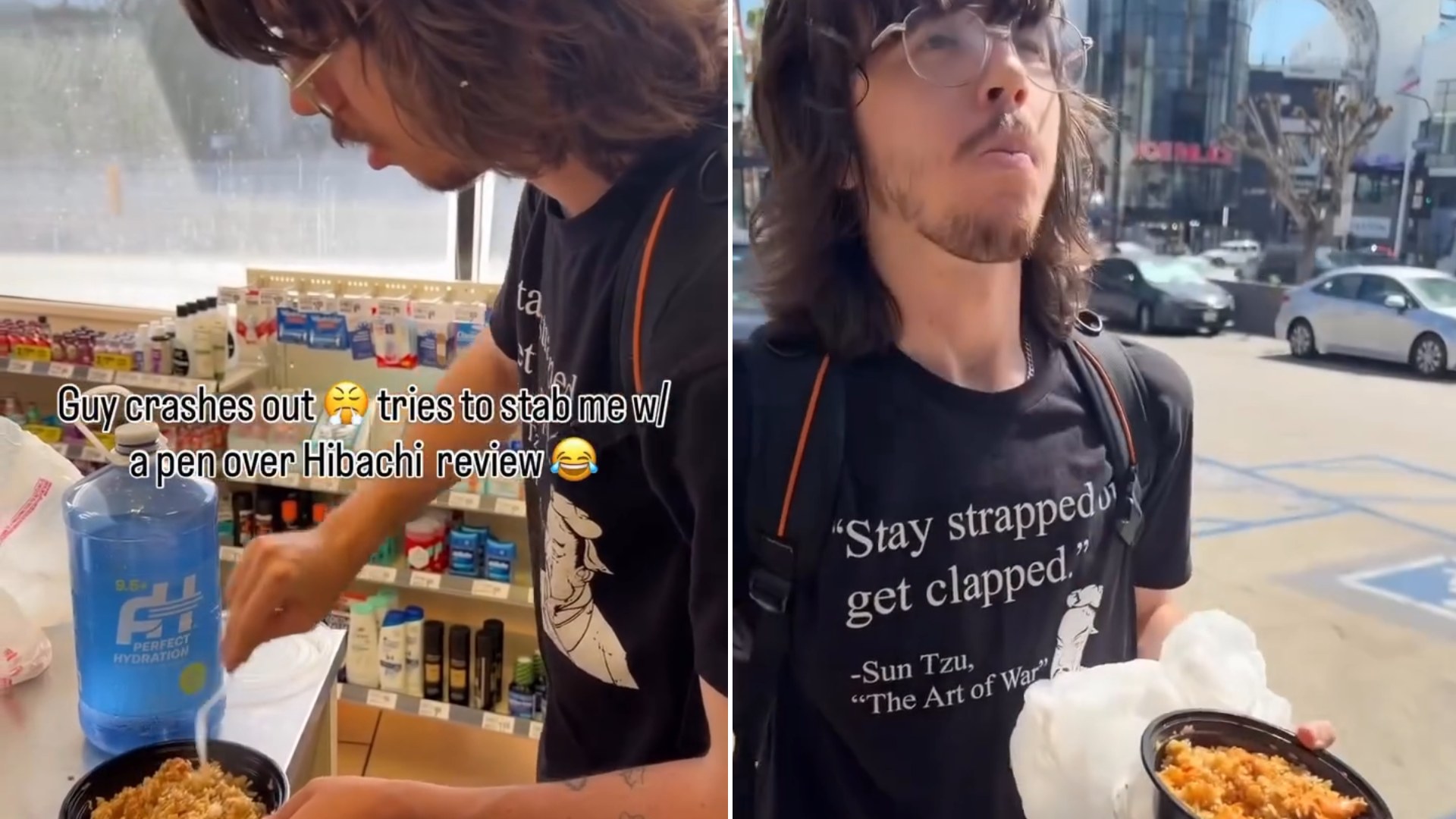 Split image: a long-haired man eats hibachi from a bowl at a convenience store counter with the caption Guy crashes out, tries to stab me with a pen over hibachi review, next to the same man outside holding the bowl of food