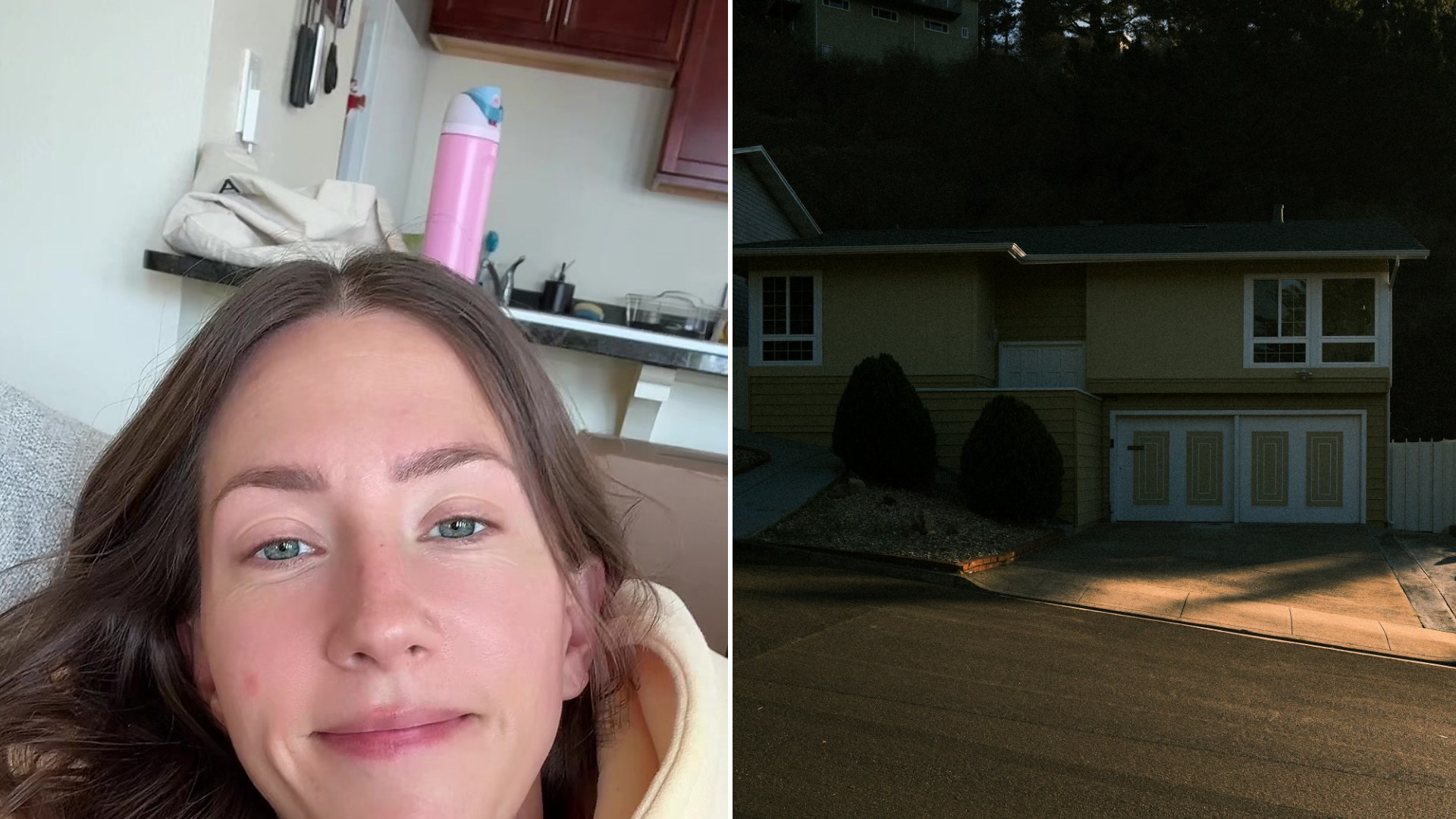 Split image: a woman with long brown hair in a cream hoodie looks into the camera from her kitchen, next to a small suburban split-level house with a garage and trimmed bushes at dusk