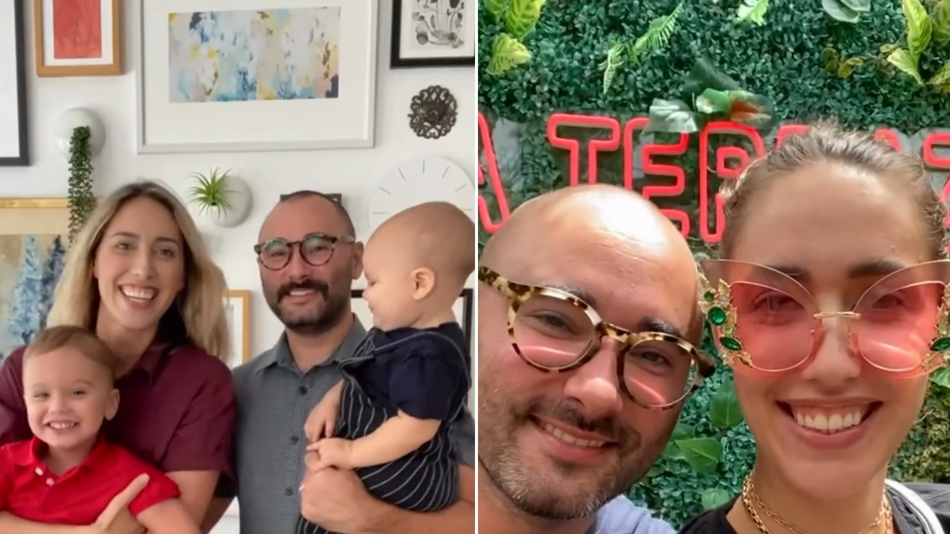 Split image from an Instagram reel: a smiling family of four — a woman, a man in glasses and two young children — in front of a gallery wall, next to a close-up selfie of the man and woman in colorful sunglasses in front of a green plant wall